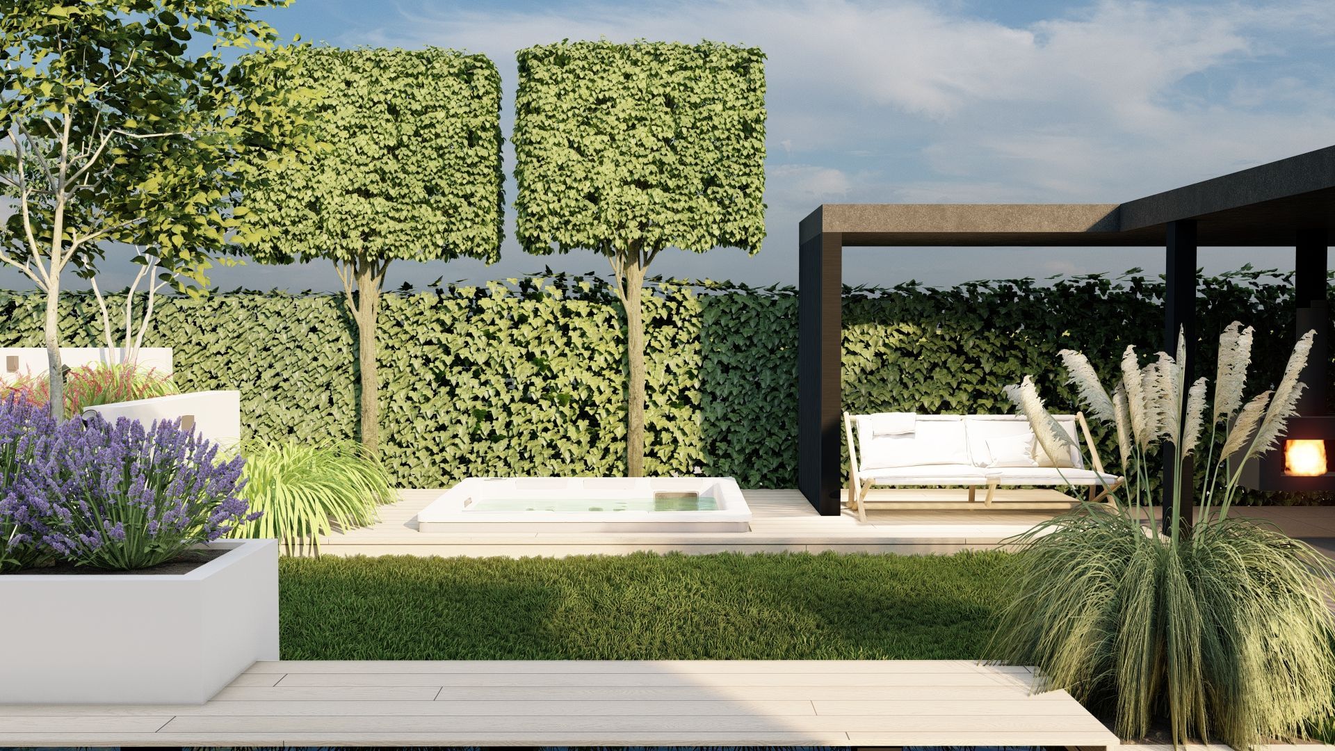 Er staat een hottub in het midden van de tuin.