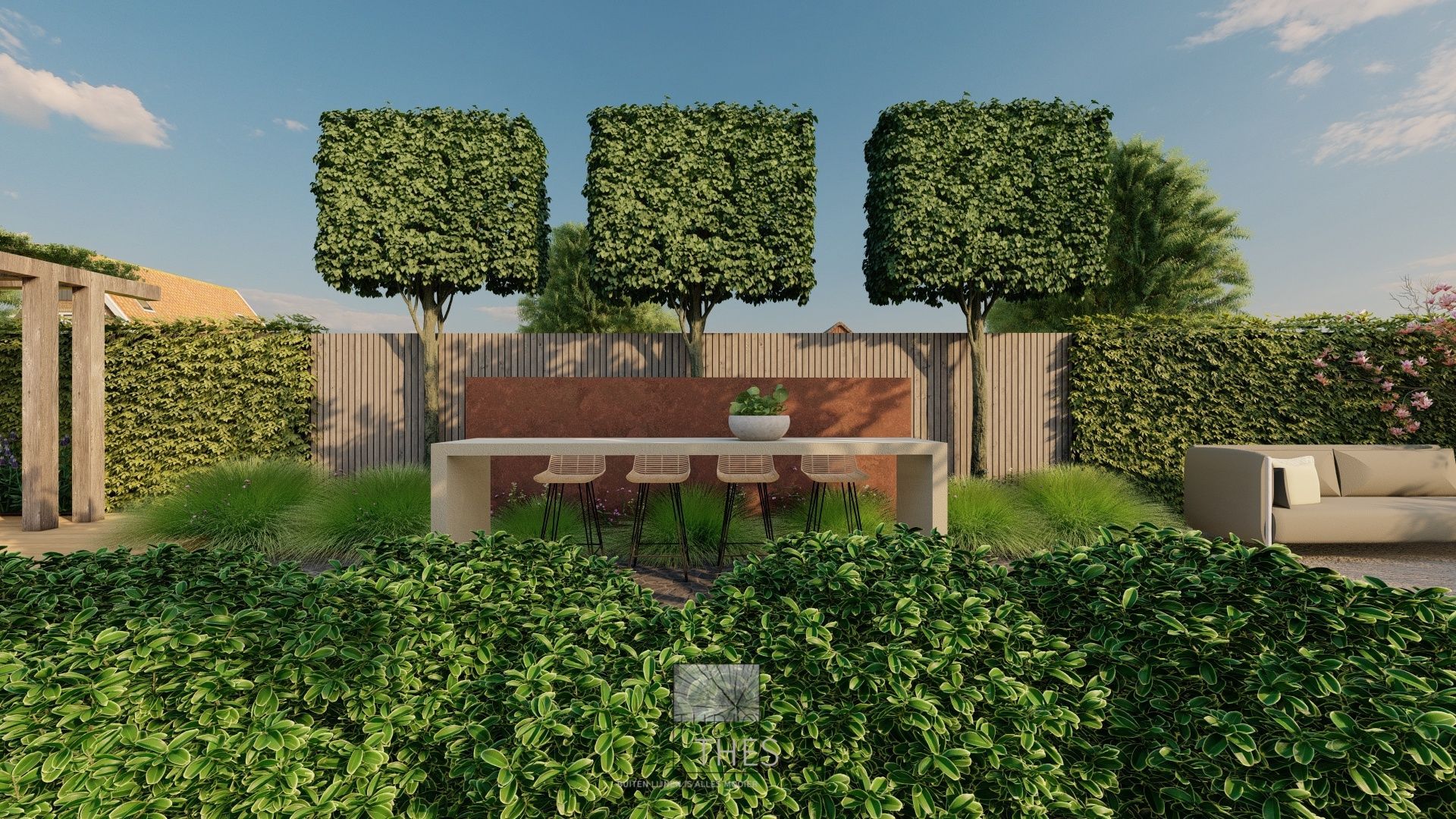 Een weergave van een tuin met een tafel, stoelen en een bank.