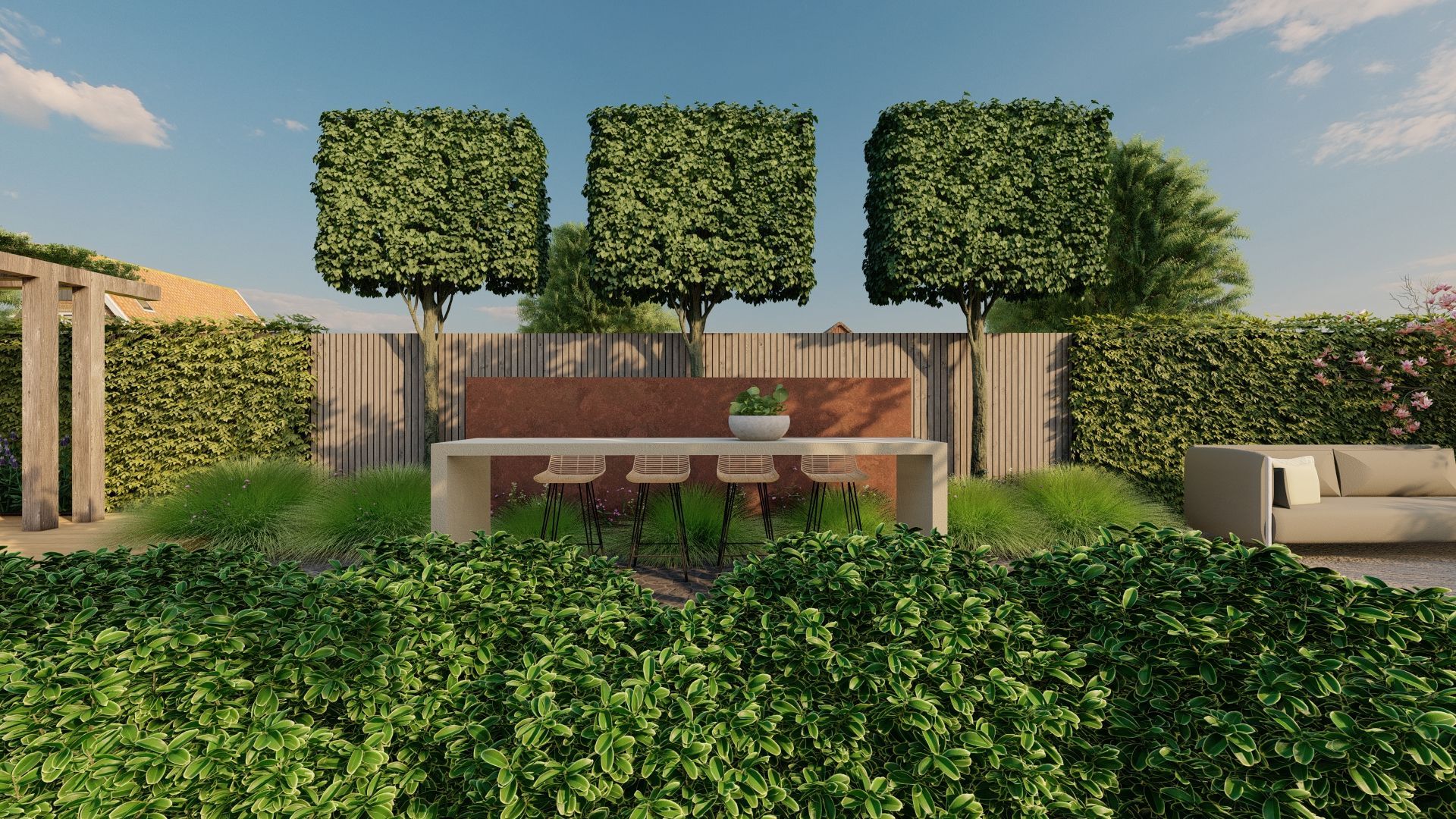 Een weergave van een tuin met een tafel en stoelen, omgeven door bomen en struiken.