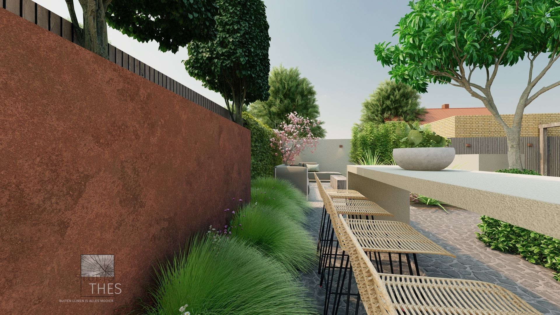 Een computergegenereerde afbeelding van een tuin met een tafel en stoelen.