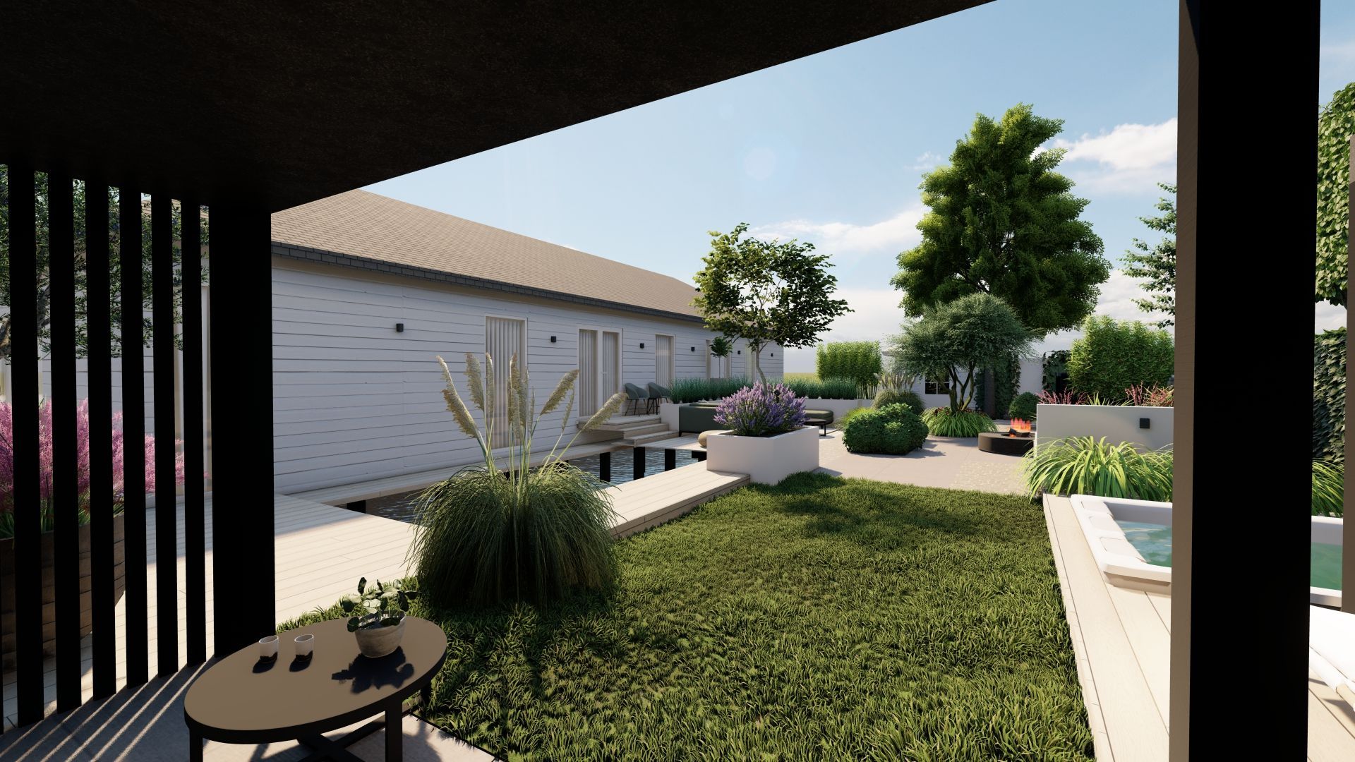 Een impressie van een achtertuin met een tafel en stoelen.