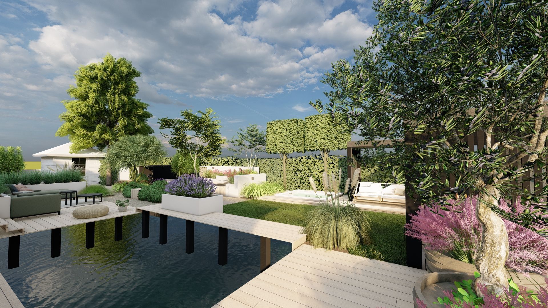 Een impressie van een achtertuin met zwembad en steiger.