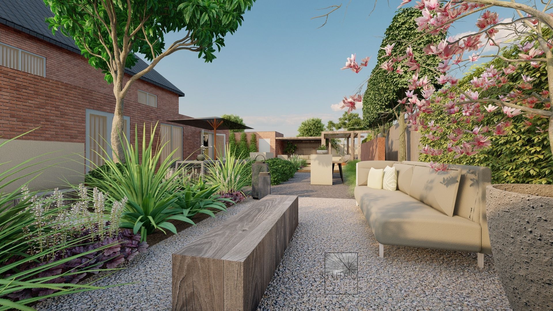 Een weergave van een achtertuin met een bank en een bankje.