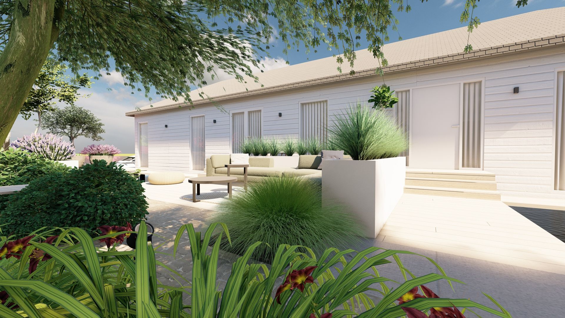 Een impressie van een huis met een terras en bloemen ervoor.