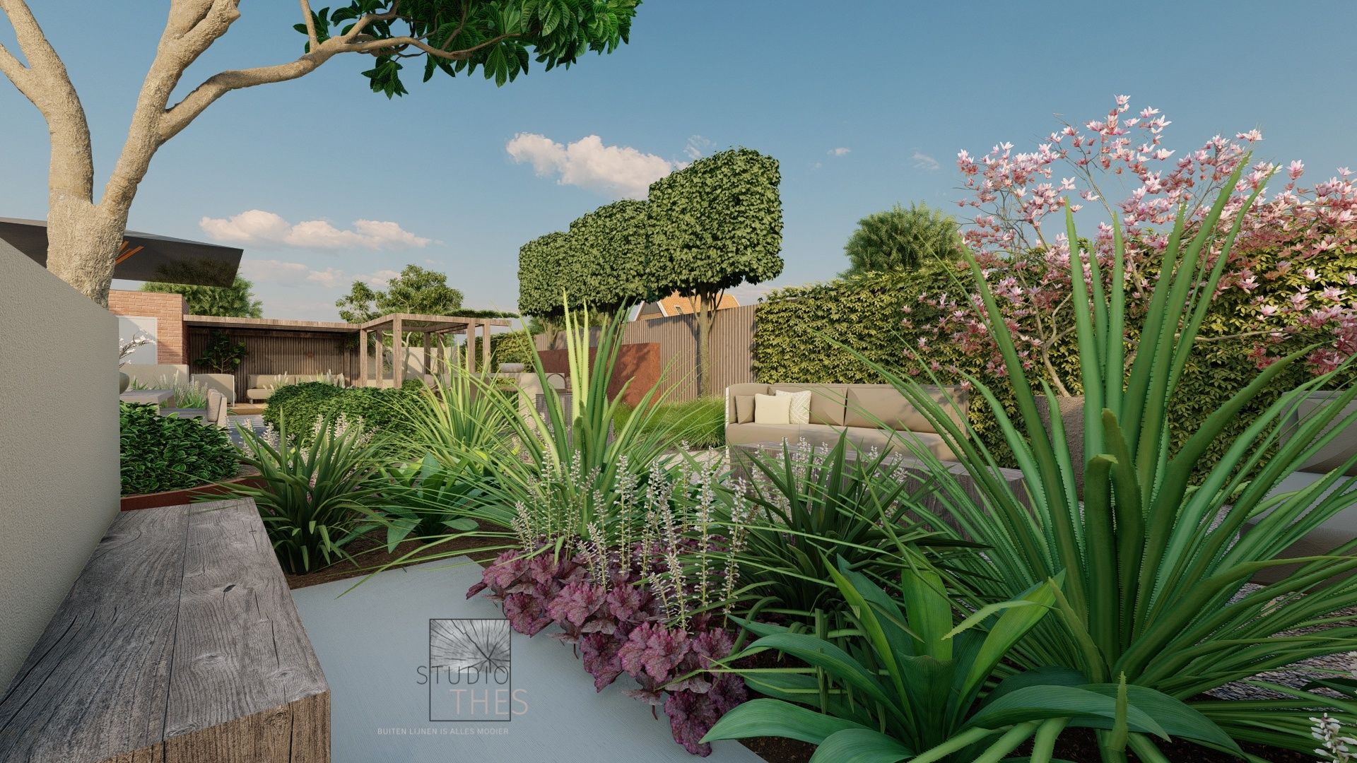 Een impressie van een tuin met een bankje en planten.