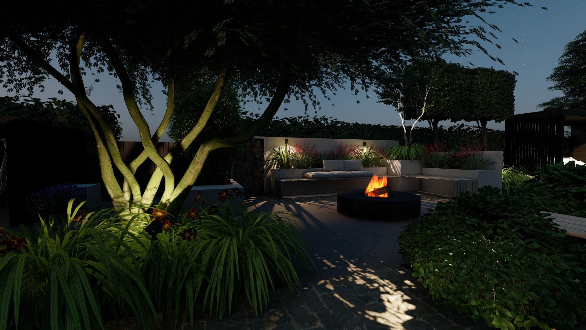 's Avonds staat er midden in de tuin een vuurplaats.