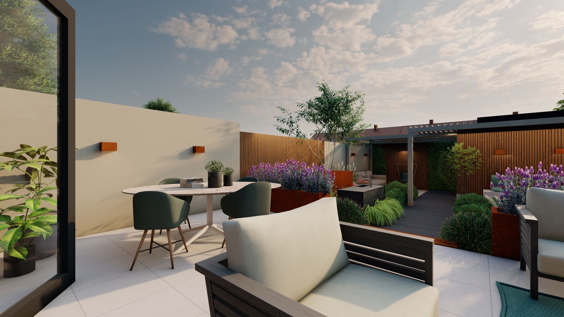 Een impressie van een terras met een tafel en stoelen