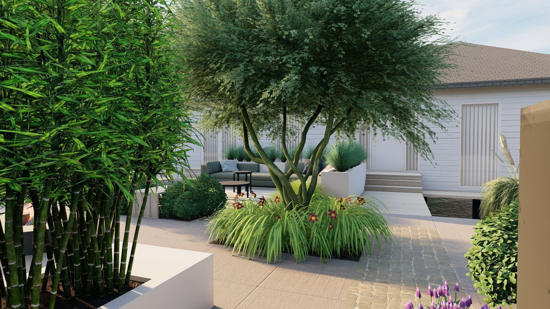 Een 3D-weergave van een tuin met bomen en bloemen voor een huis.