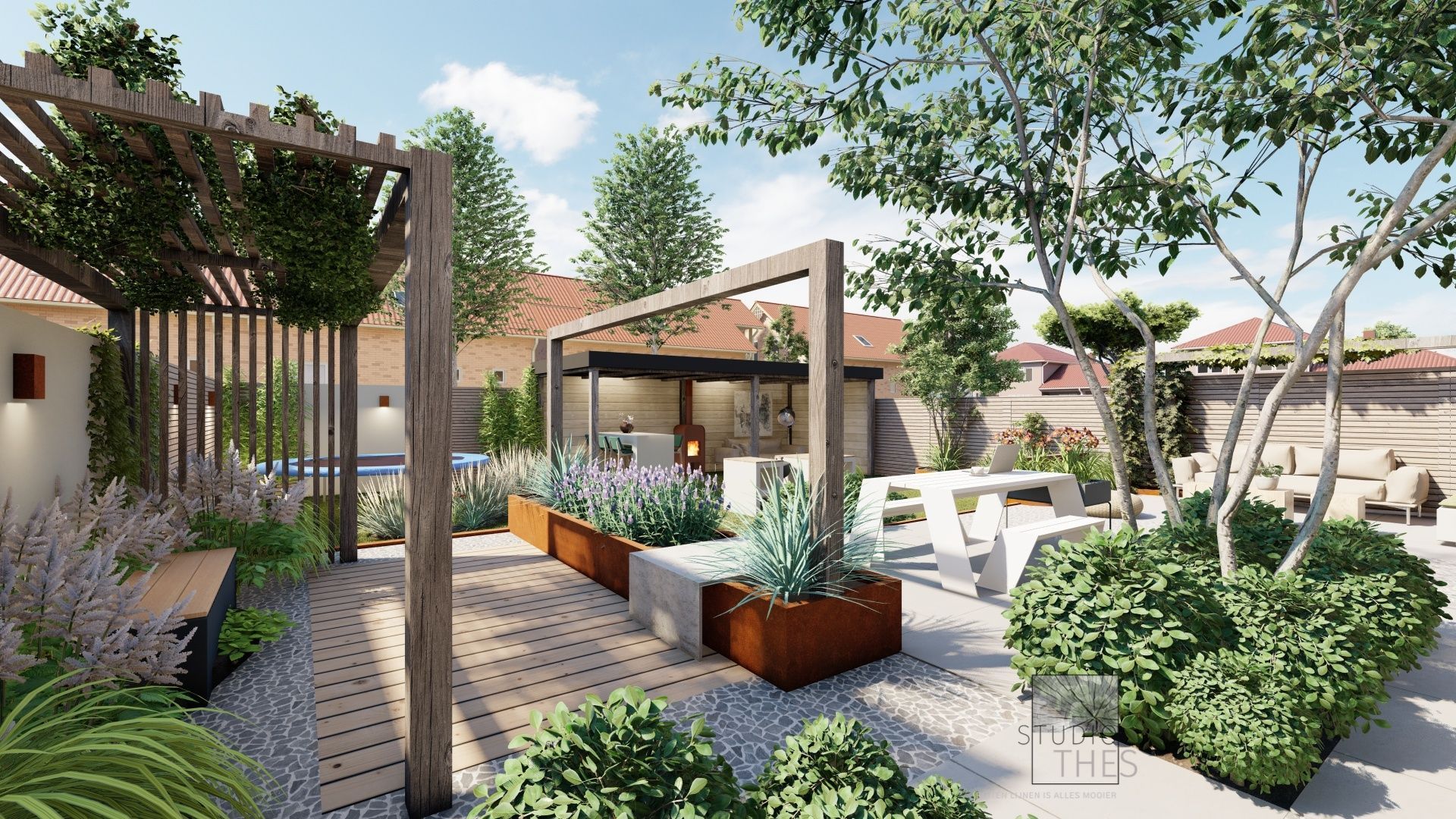 Een cortenstaal plantenbak met een pergola erin er een pergola ervoor met trellis.