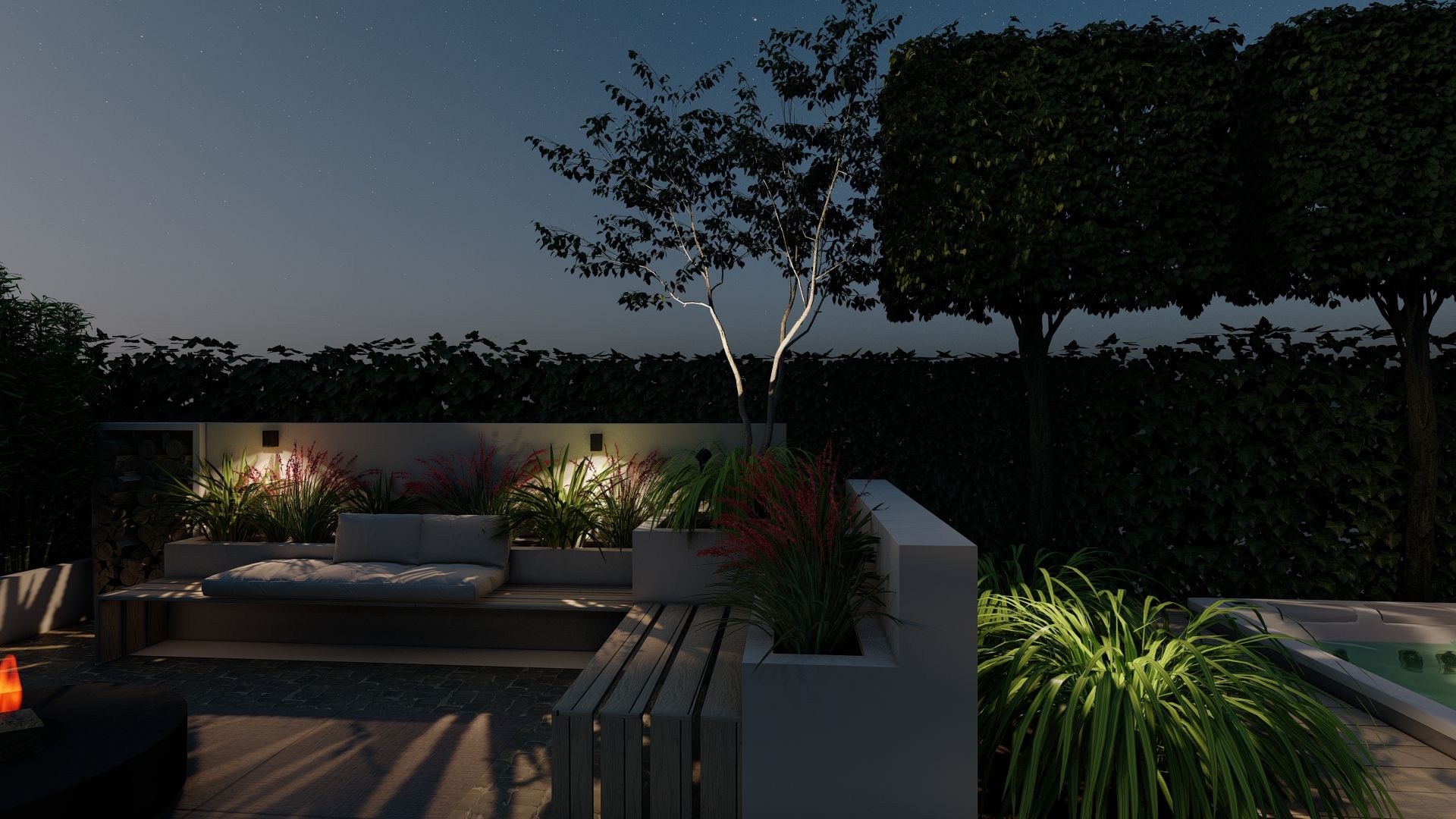 's Avonds is er een vuurplaats midden in de tuin.