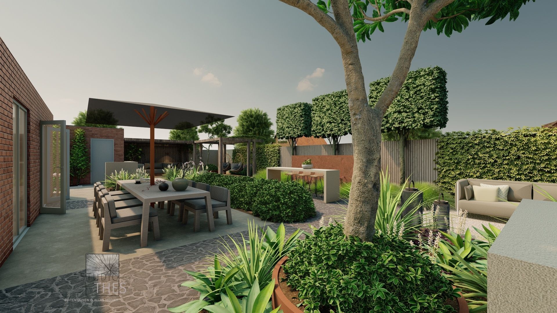 Een impressie van een terras met een tafel en stoelen.