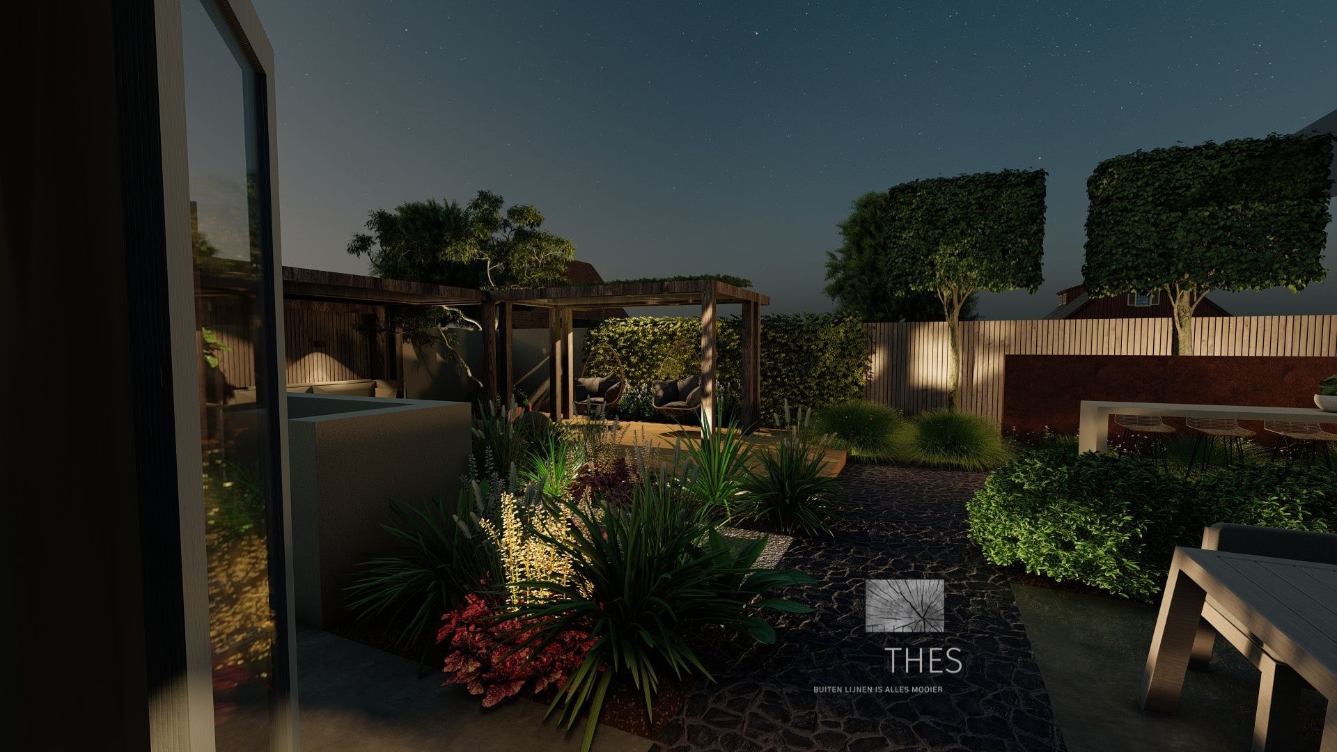 Een impressie van een tuin bij nacht.