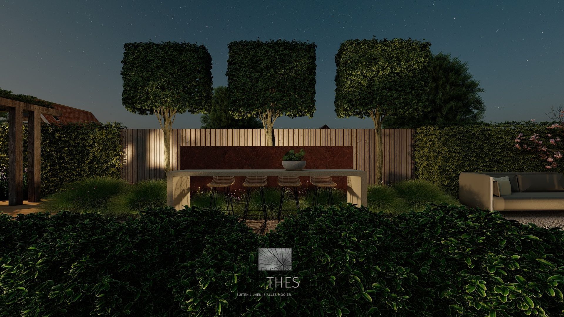 Een weergave van een tuin met een tafel en bomen