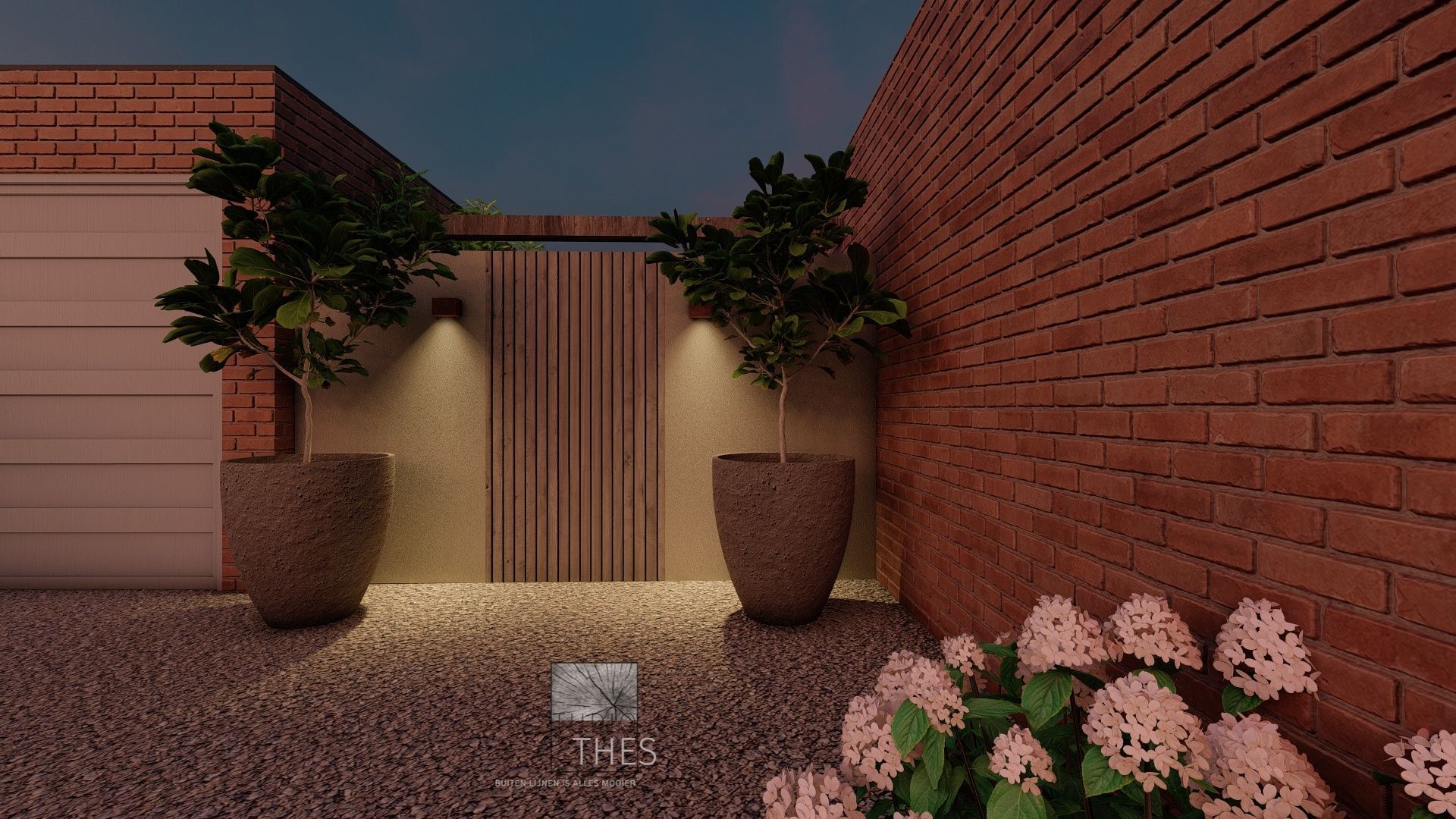 Een bakstenen muur met potplanten en bloemen ervoor.