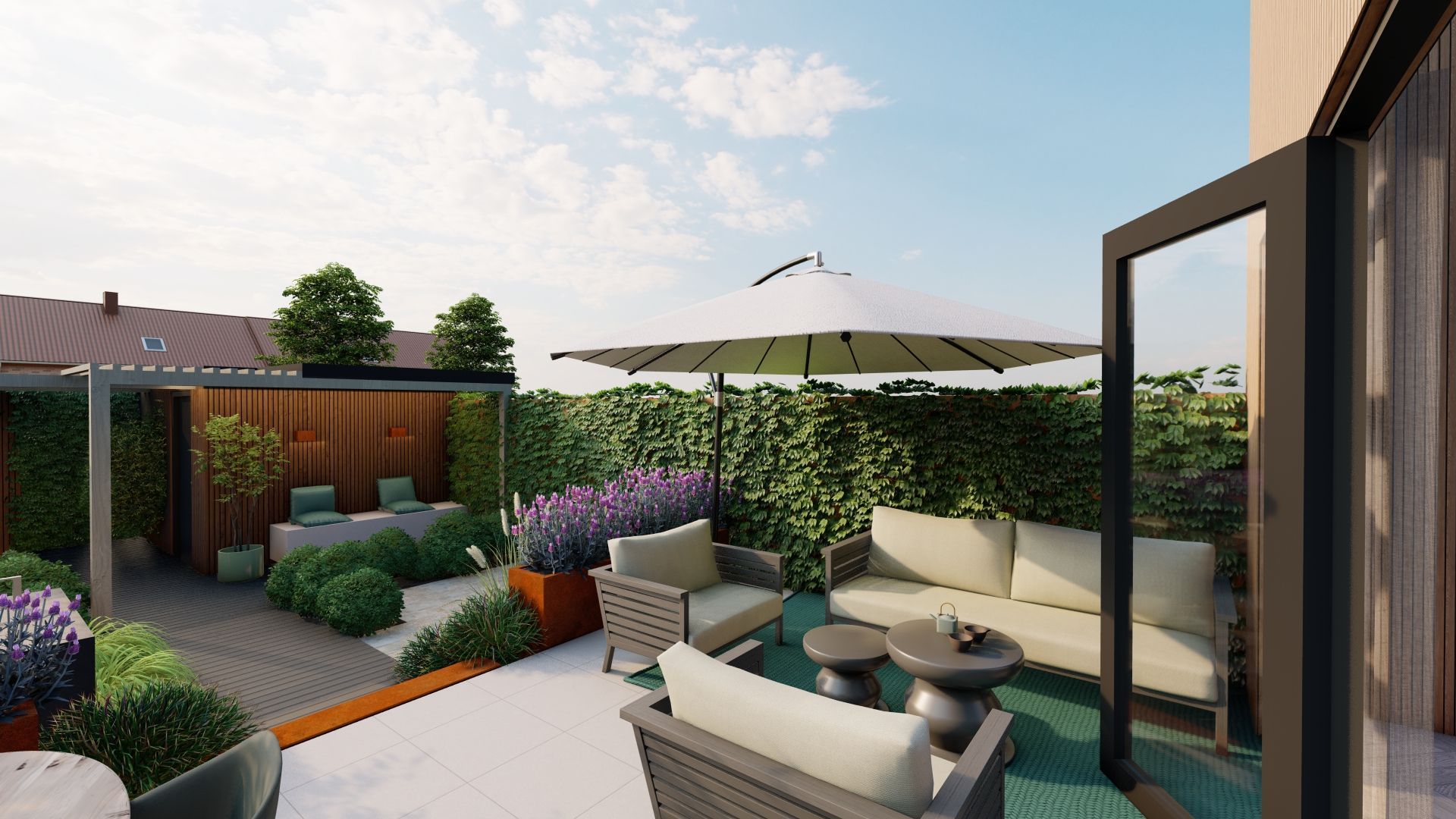 Een impressie van een terras met meubilair en een parasol.