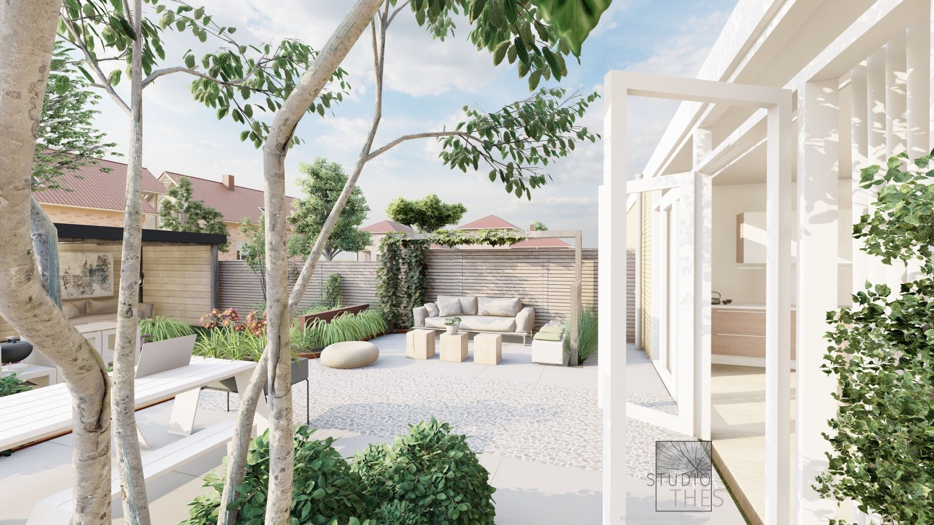 Een tuinontwerp van een lichte tuin met eeen meerstammig boom en pergola op de achtergrond