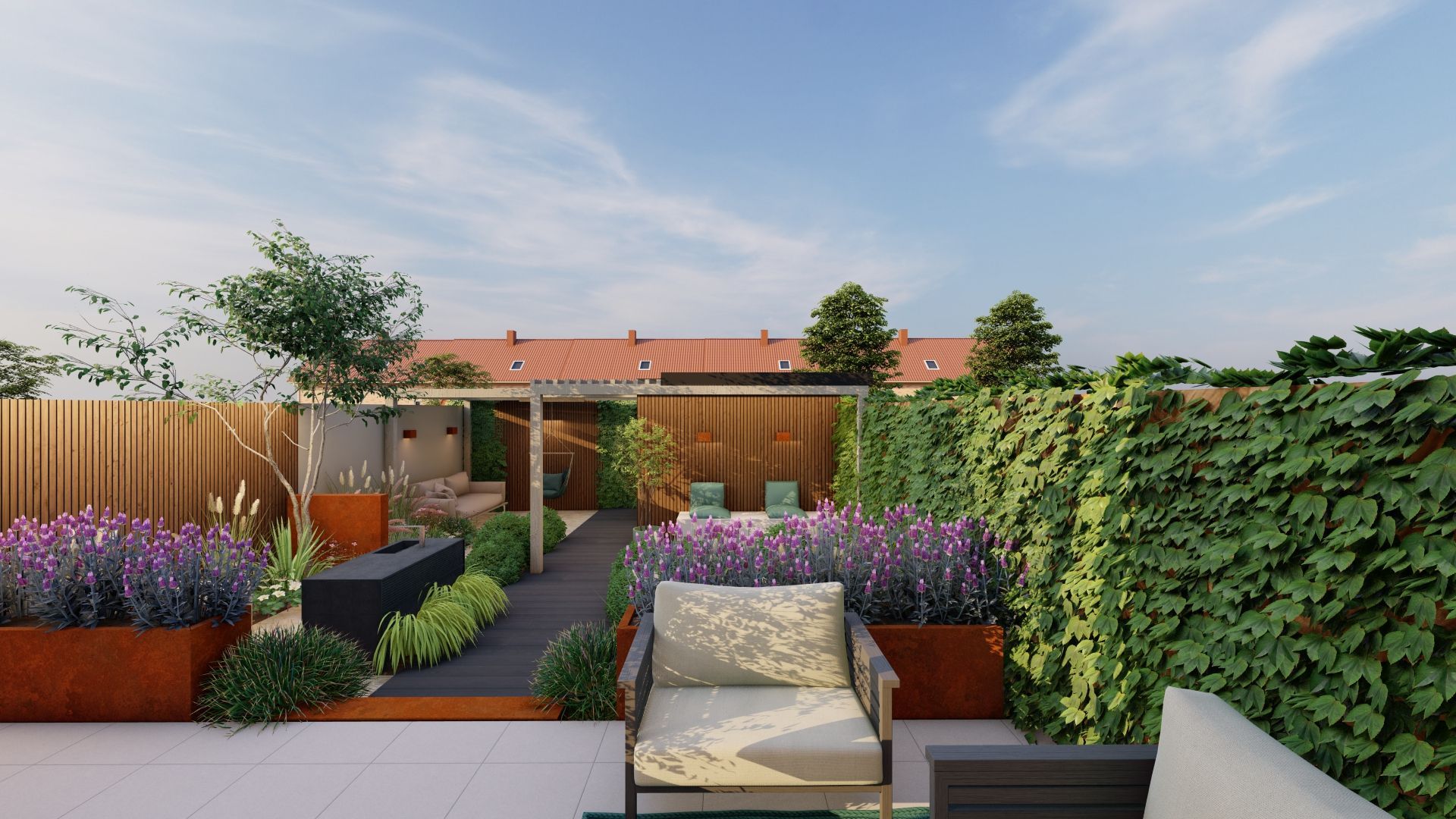 Een impressie van een tuin met een stoel, een tafel en bloemen.