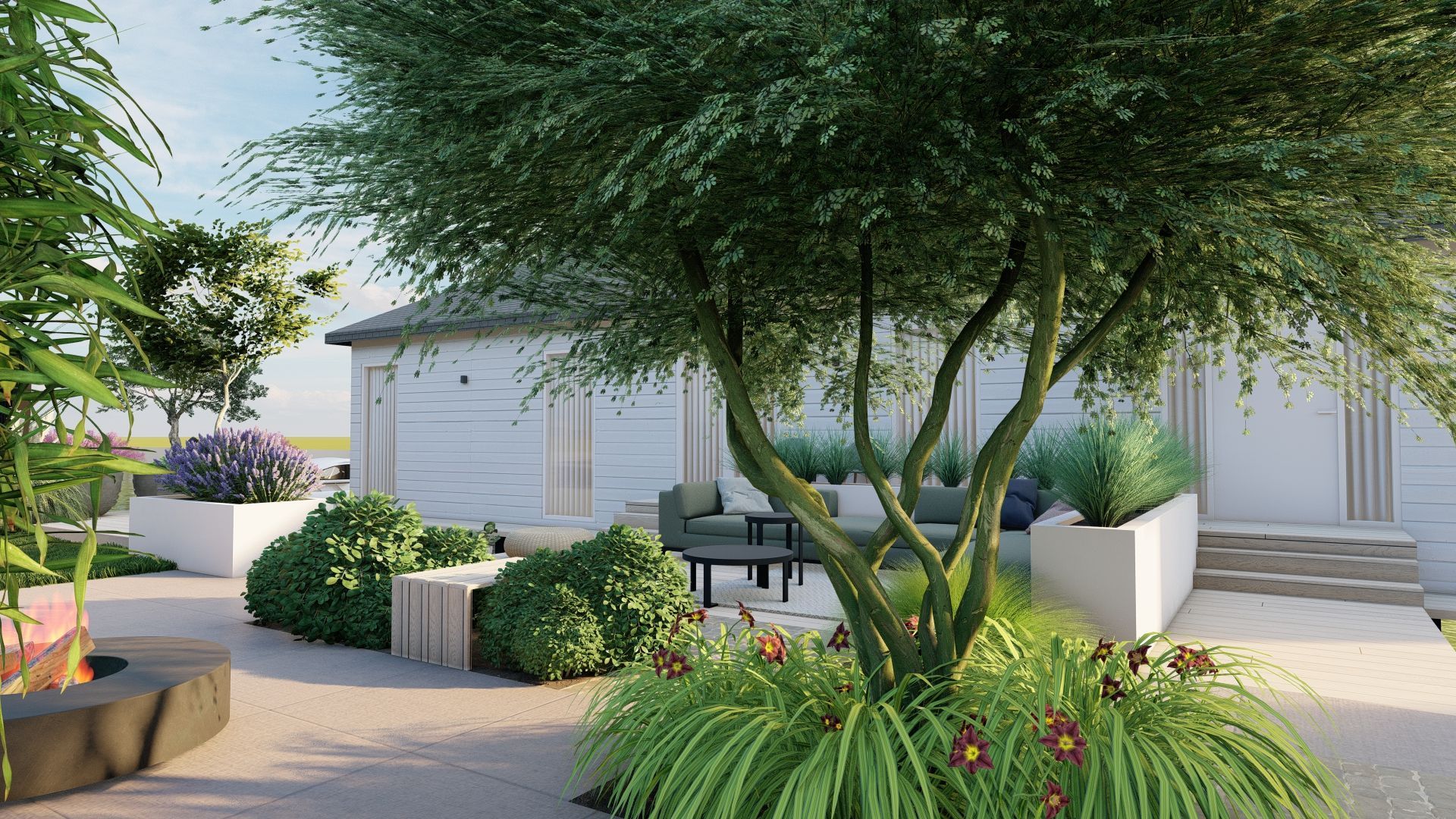 Er staat een grote boom in het midden van de tuin.