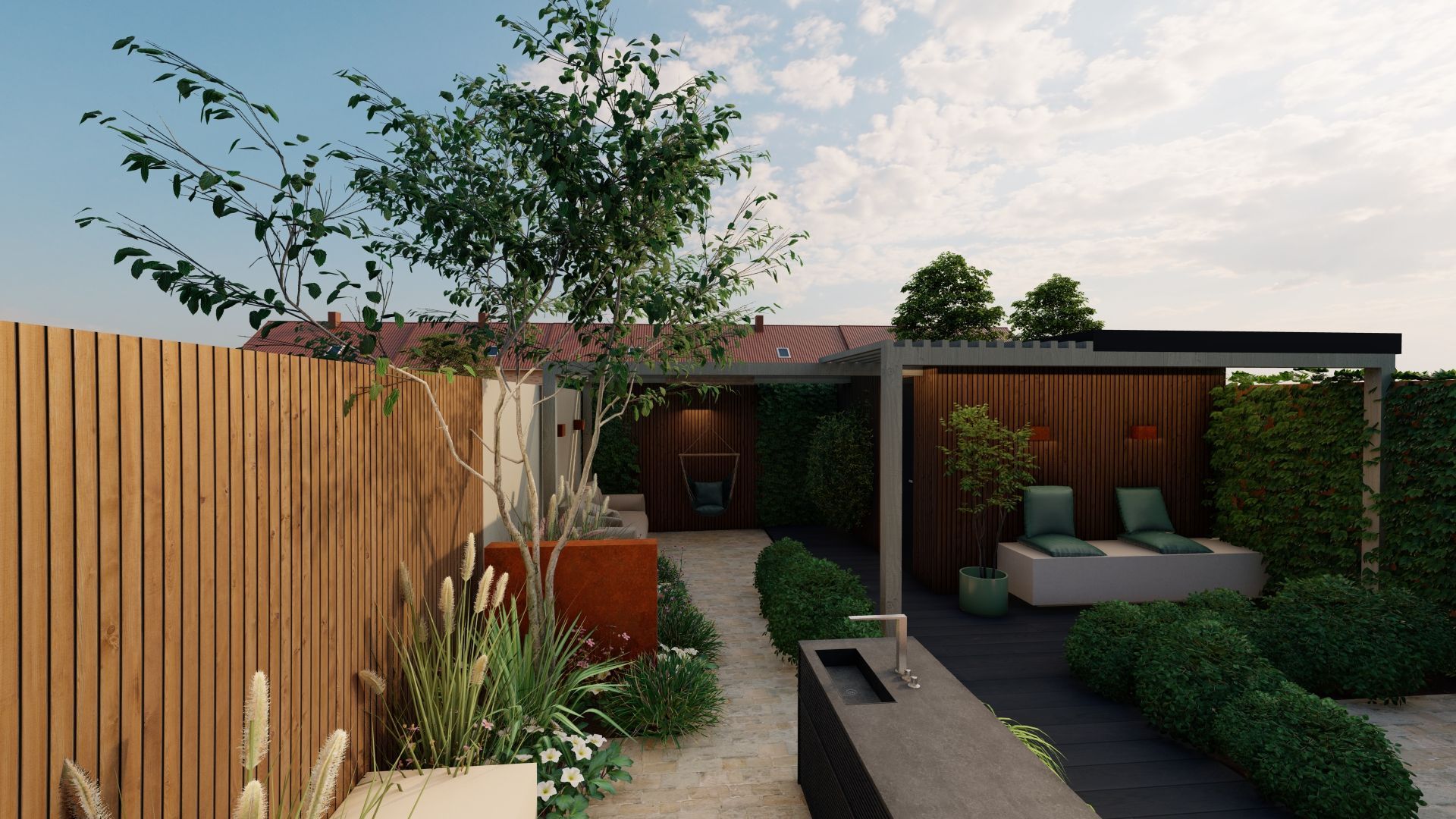 Een impressie van een achtertuin met een houten hek en een pergola.