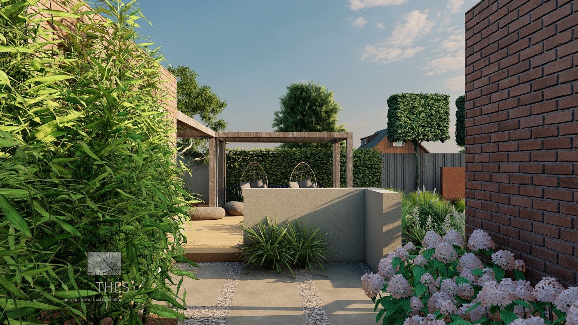 Een 3D-weergave van een tuin met een bakstenen muur en bloemen.