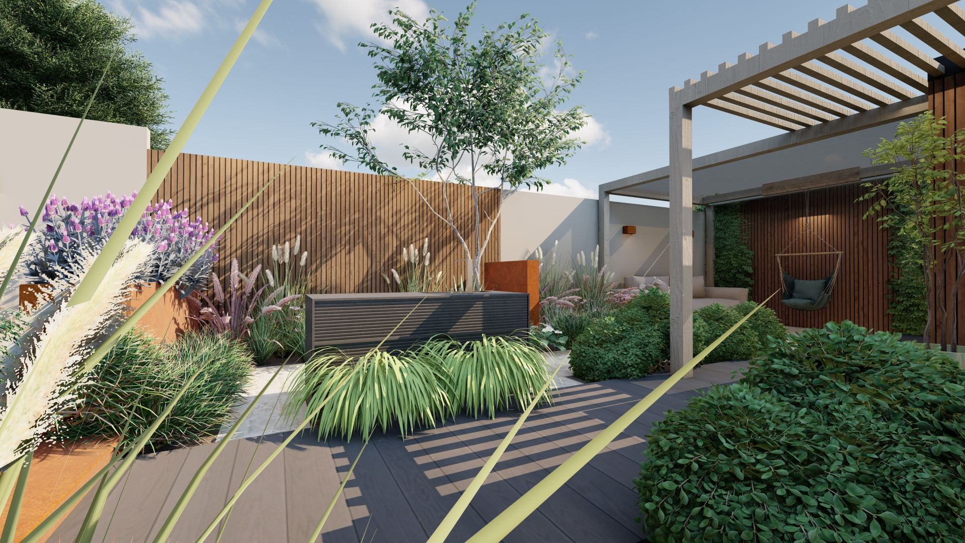 Een impressie van een tuin met een pergola en een houten hek.