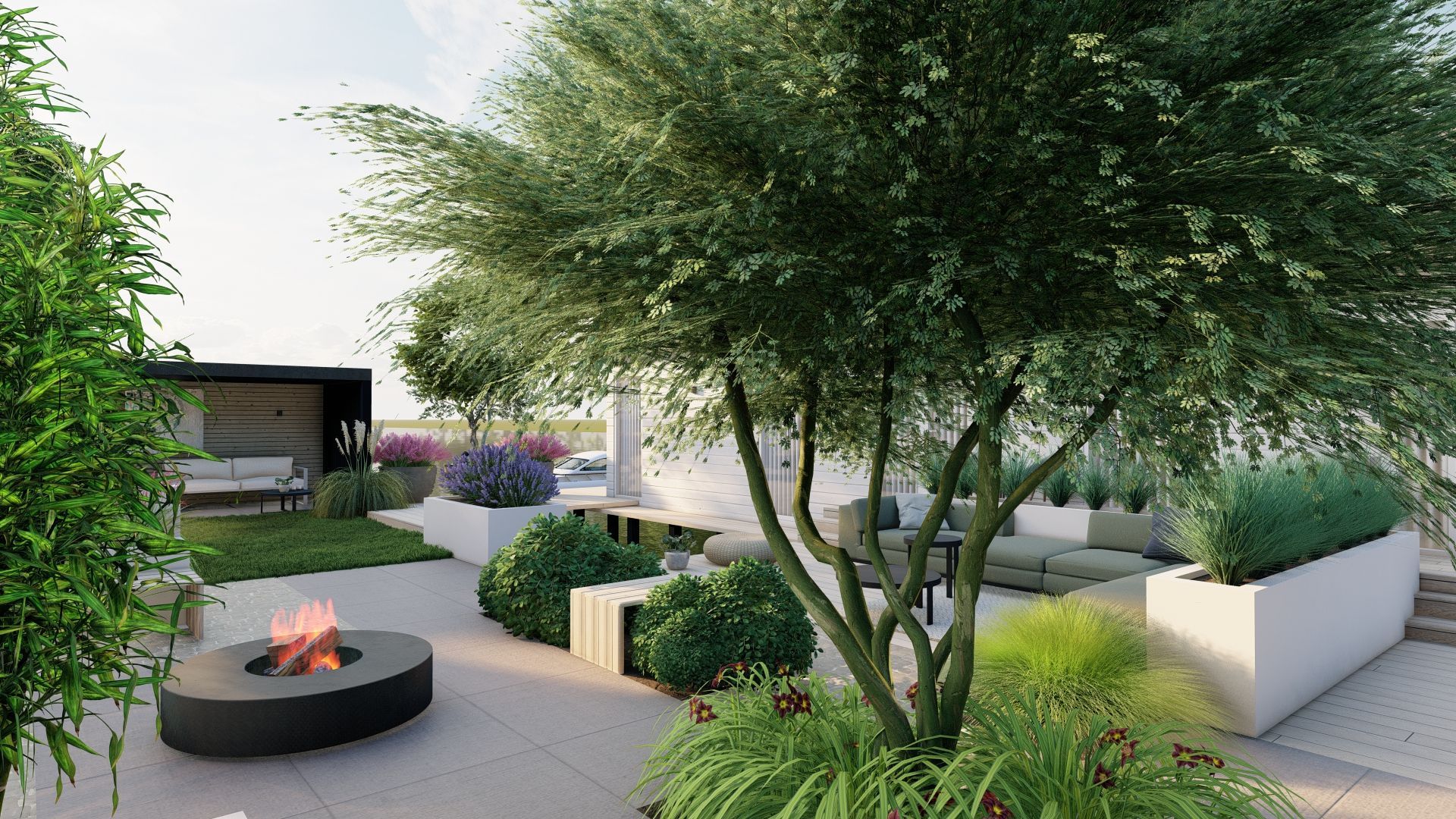 Een impressie van een dakterras met vuurplaats en bomen.