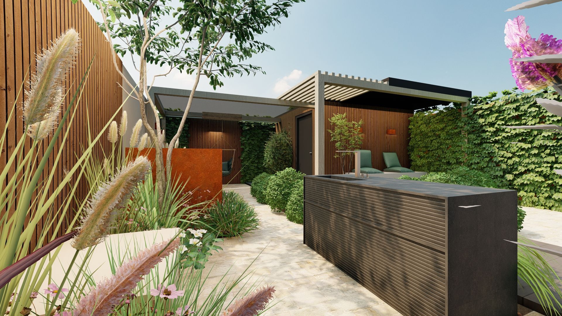 Een impressie van een achtertuin met een pergola en een hottub.