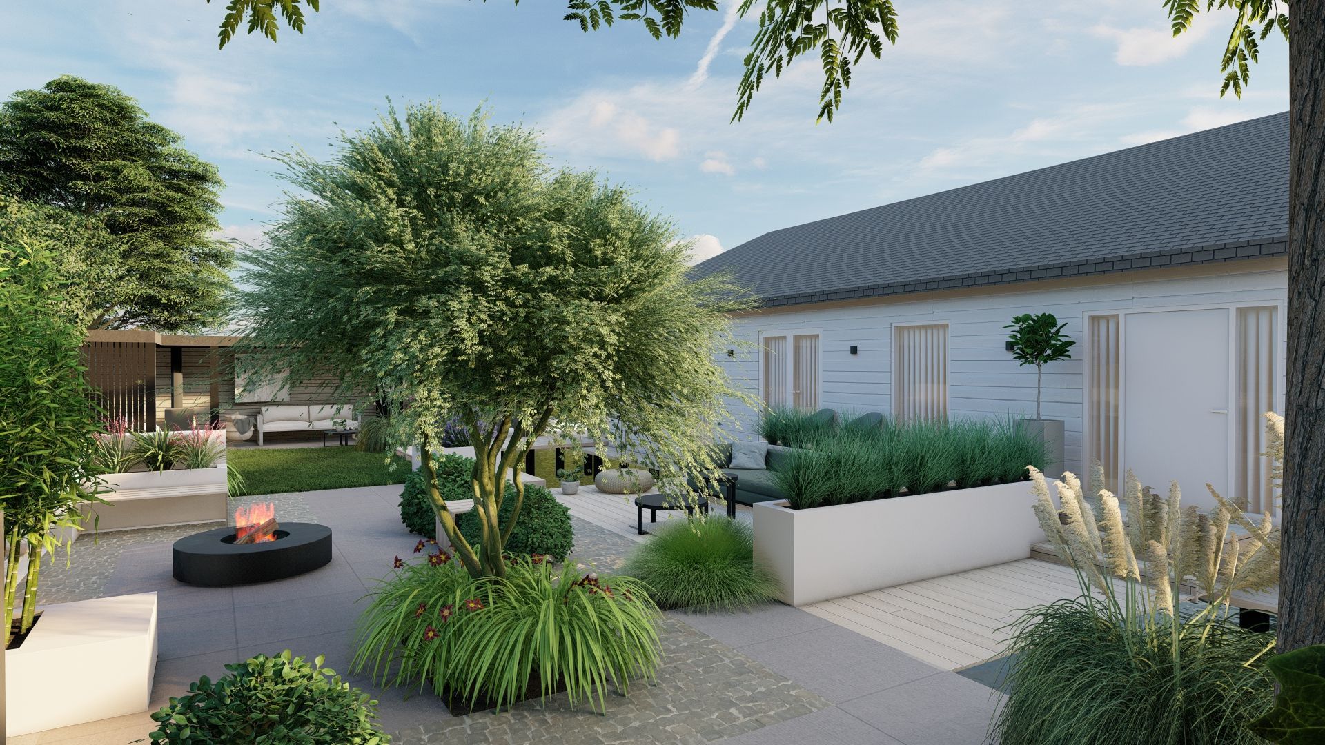 Een impressie van een achtertuin met een huis op de achtergrond.