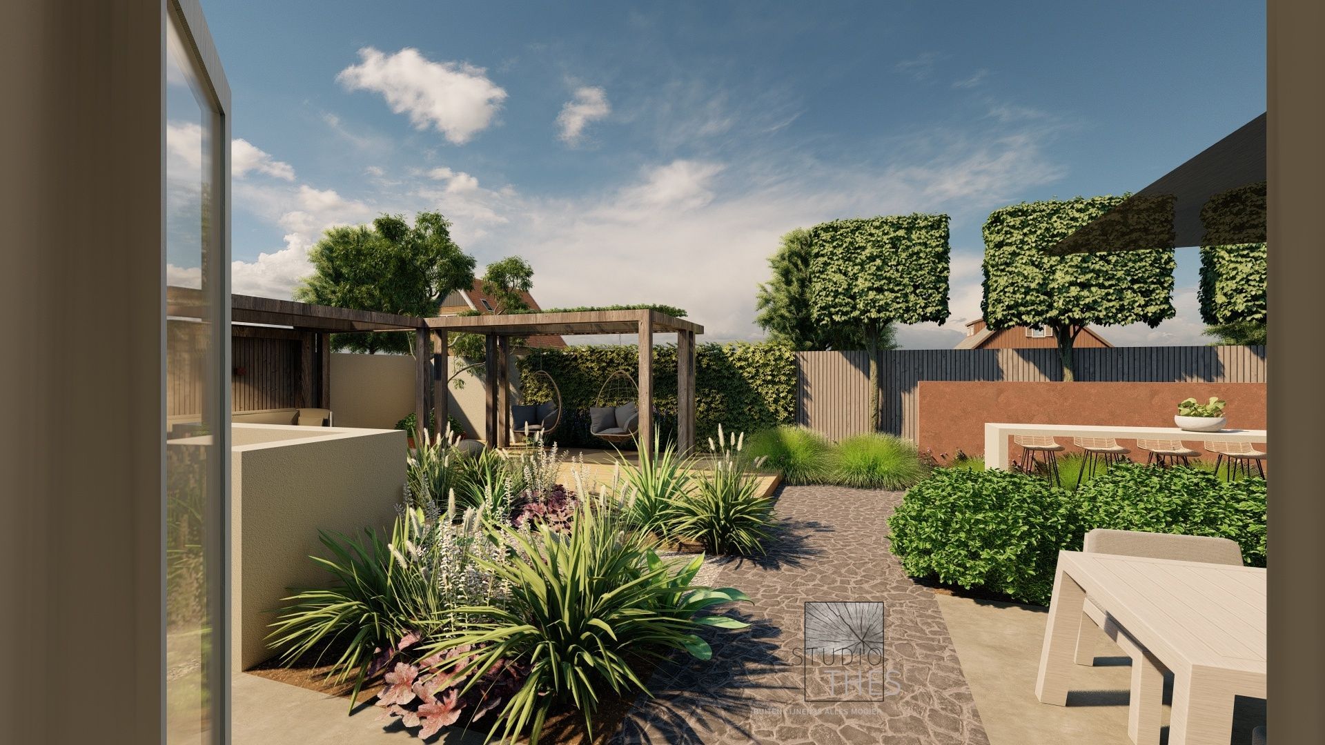 Een impressie van een tuin met een pergola en een tafel met stoelen.