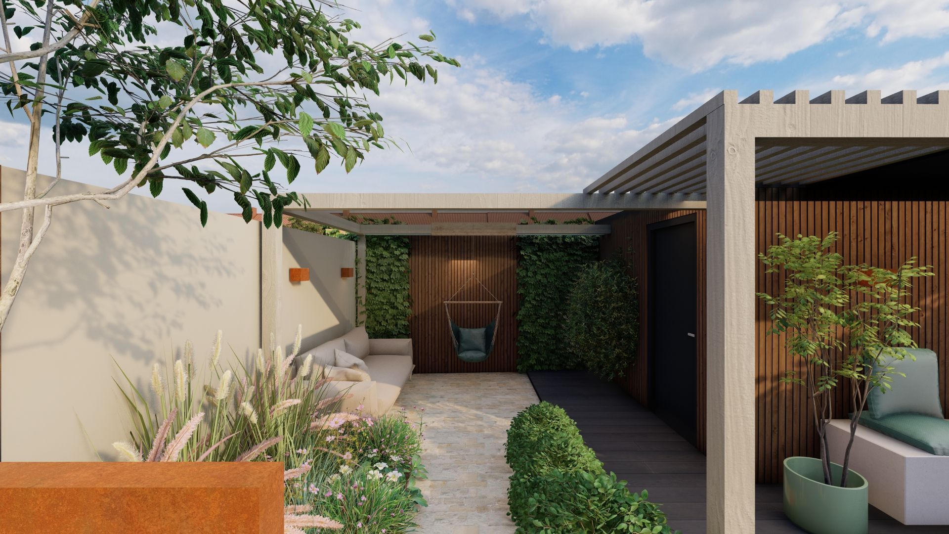 Een 3D-weergave van een terras met een pergola en planten.