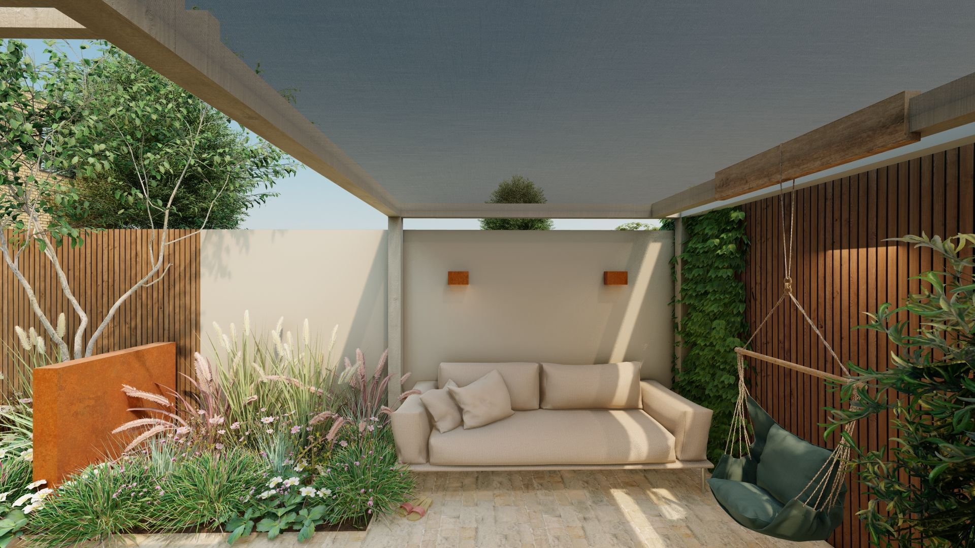 Er is een bank en een hangmat in de achtertuin.