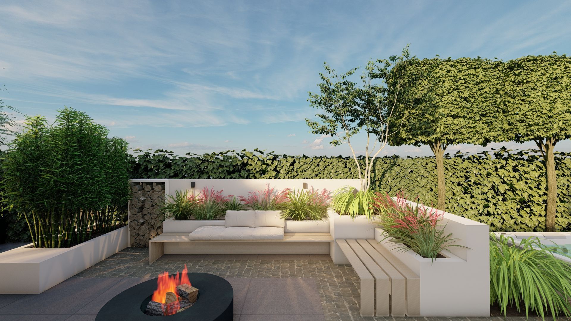 Er is een vuurplaats in het midden van het terras.