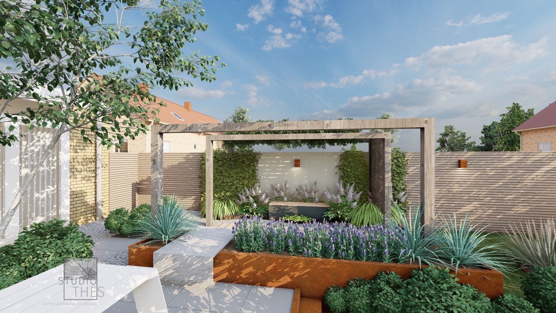 een 3d ontwerp van een plantenbak van cortenstaal met een betonnen zit element en pergola erachter