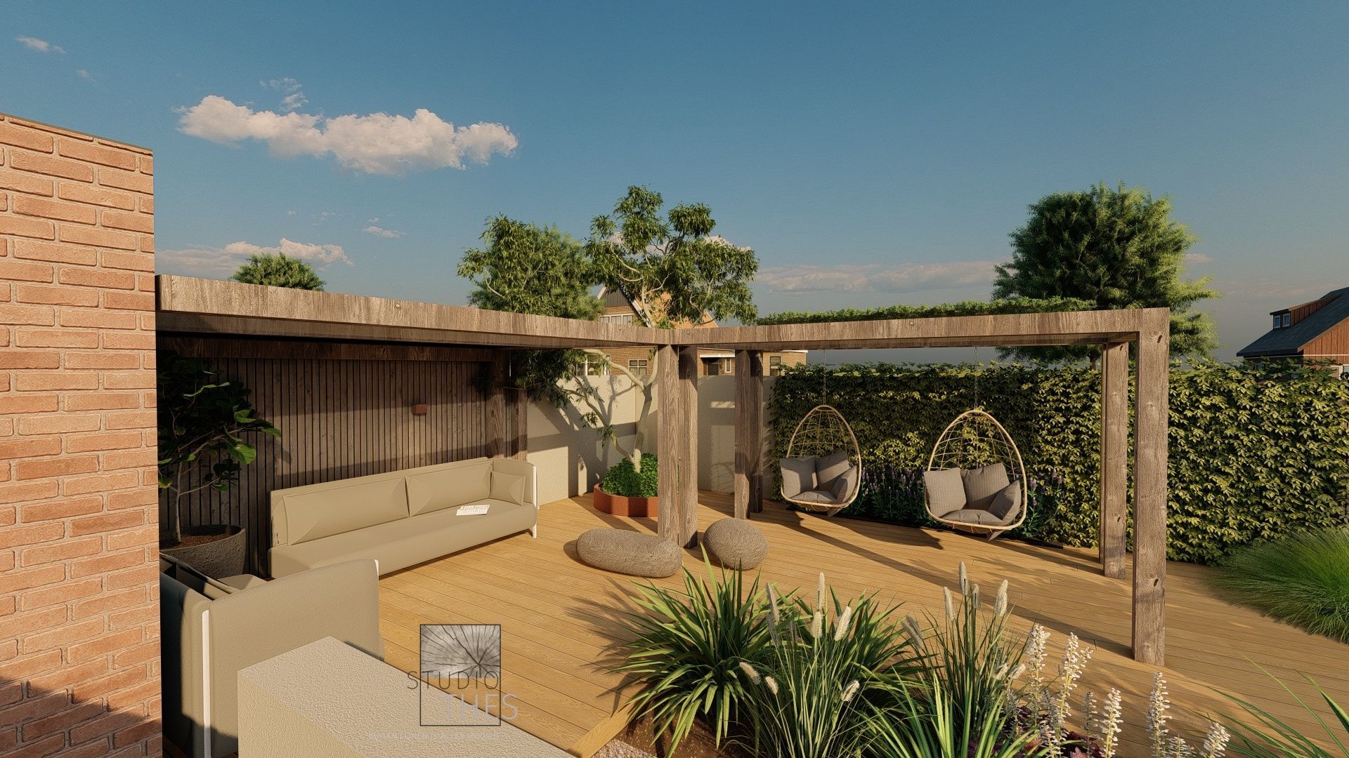 Een 3D-weergave van een terras met een bank en stoelen onder een pergola.