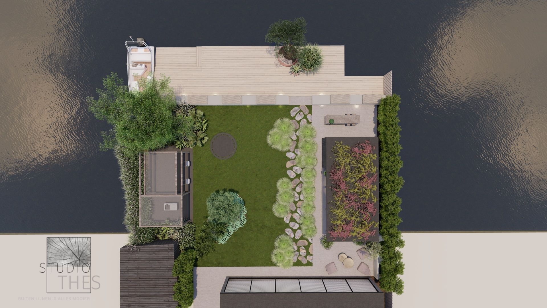 Een luchtfoto van een huis met een tuin en een steiger.