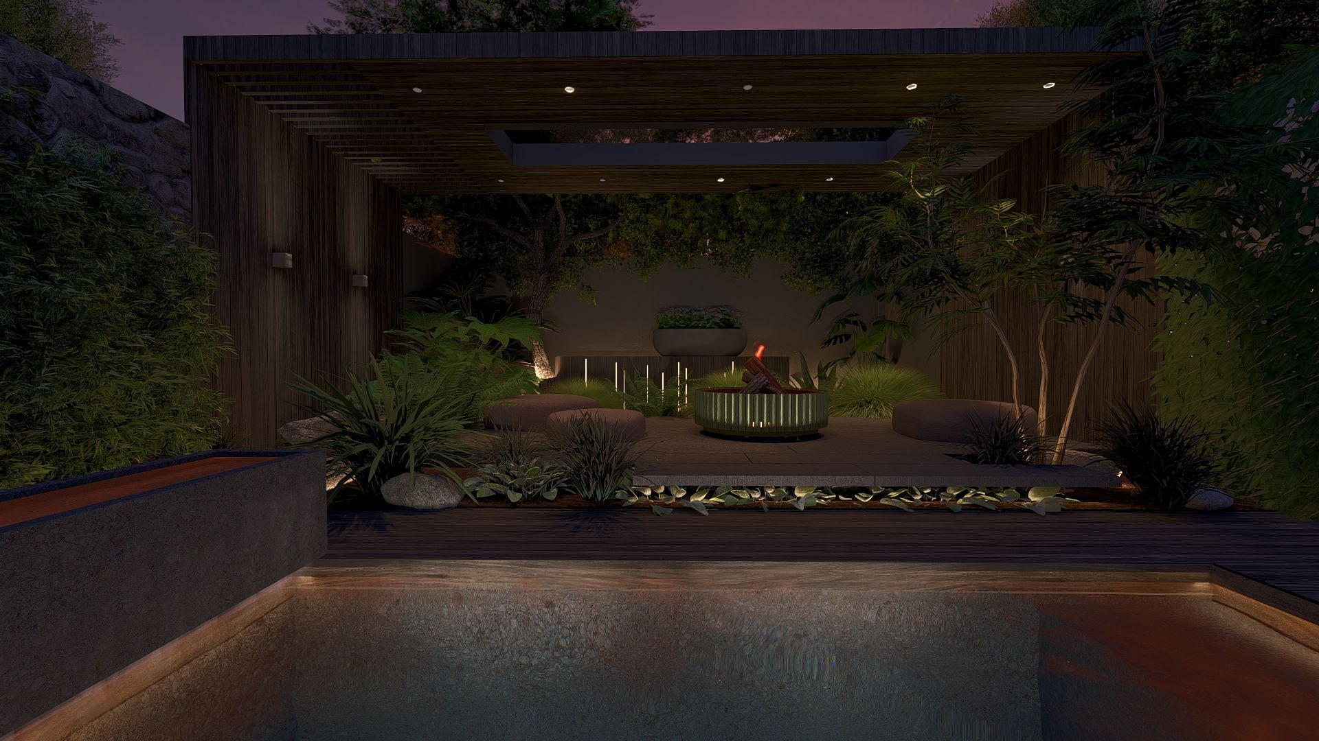 Een overkapping van hout in de avondzon met een wandje aan het eind met een pot met beplanting erop