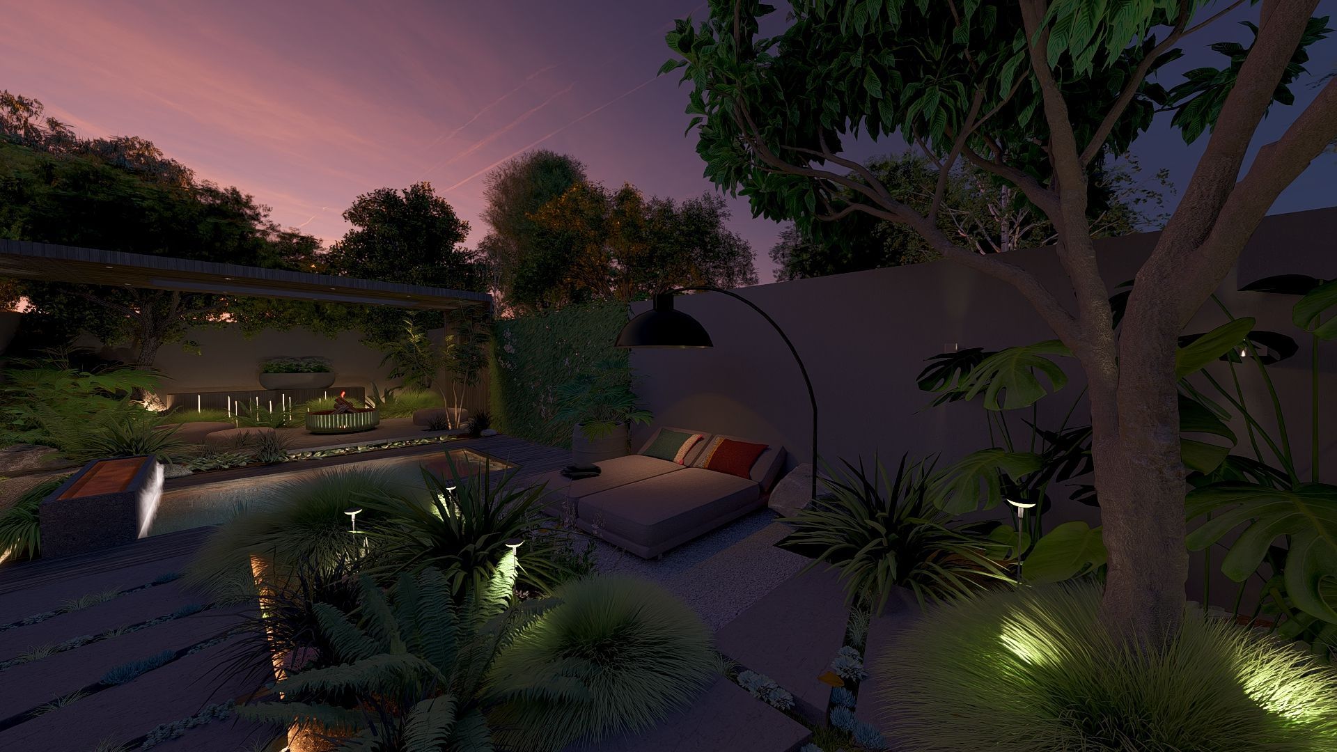 tuin in de avond in urban style. Ligbedden onder de lamp van heatsail tussen tuinverlichting en beplanting