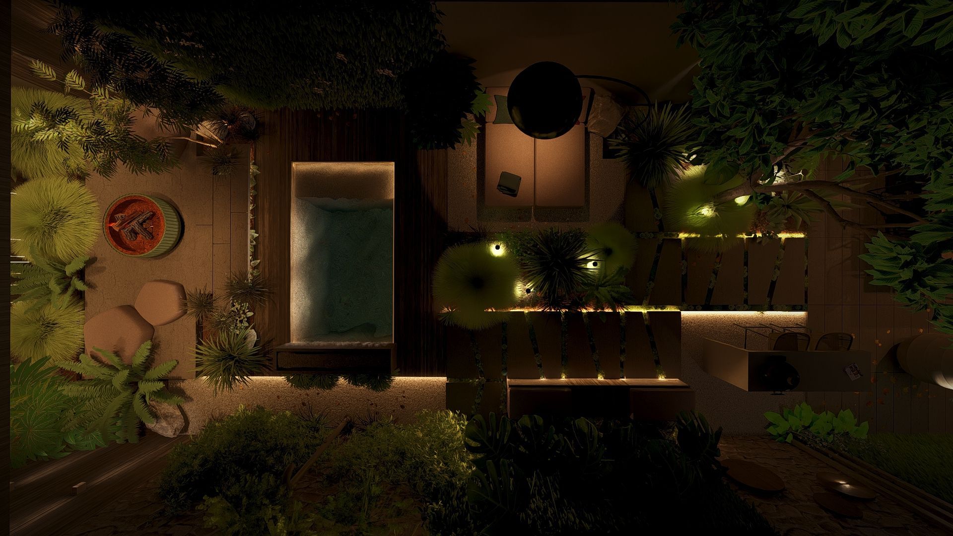 Een overzichtsfoto van een tuin in de avond met een betonnen looppad, zwembad en overkapping.