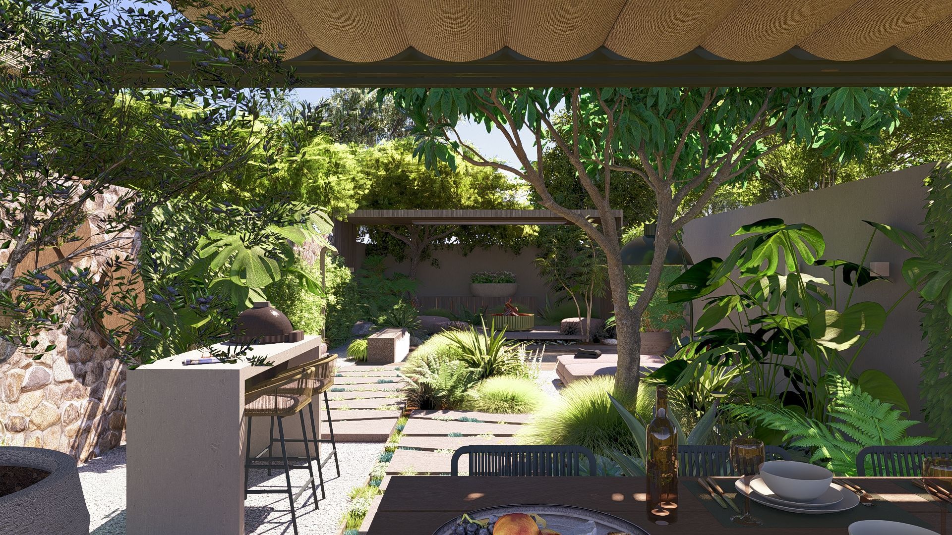 urban stadstuin met beplanting en een zonnedoek en buitenbar