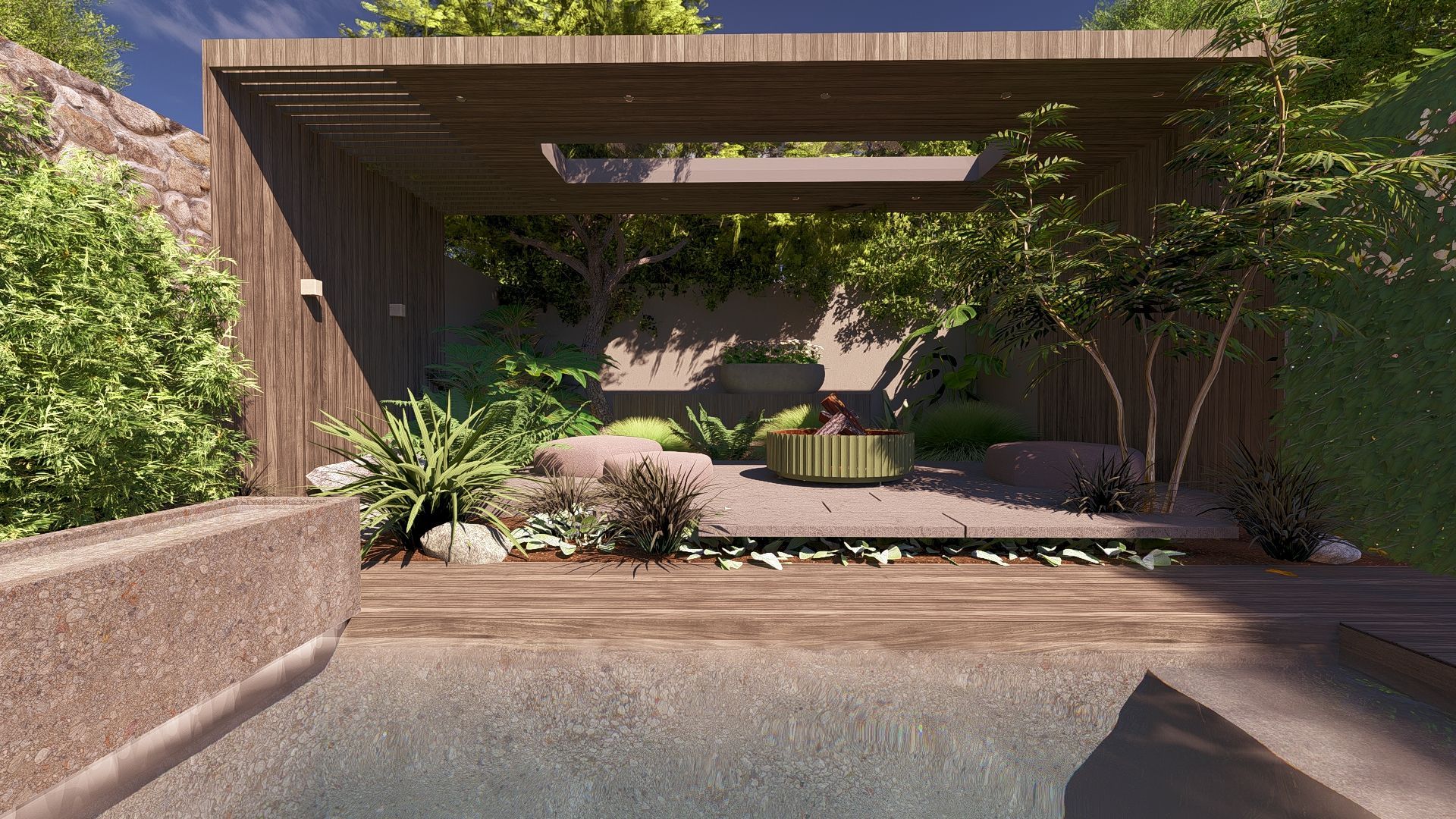 overkapping van hout met glaskoepel en verlichting. Een buitenhaard van Wunder met beplanting erachter