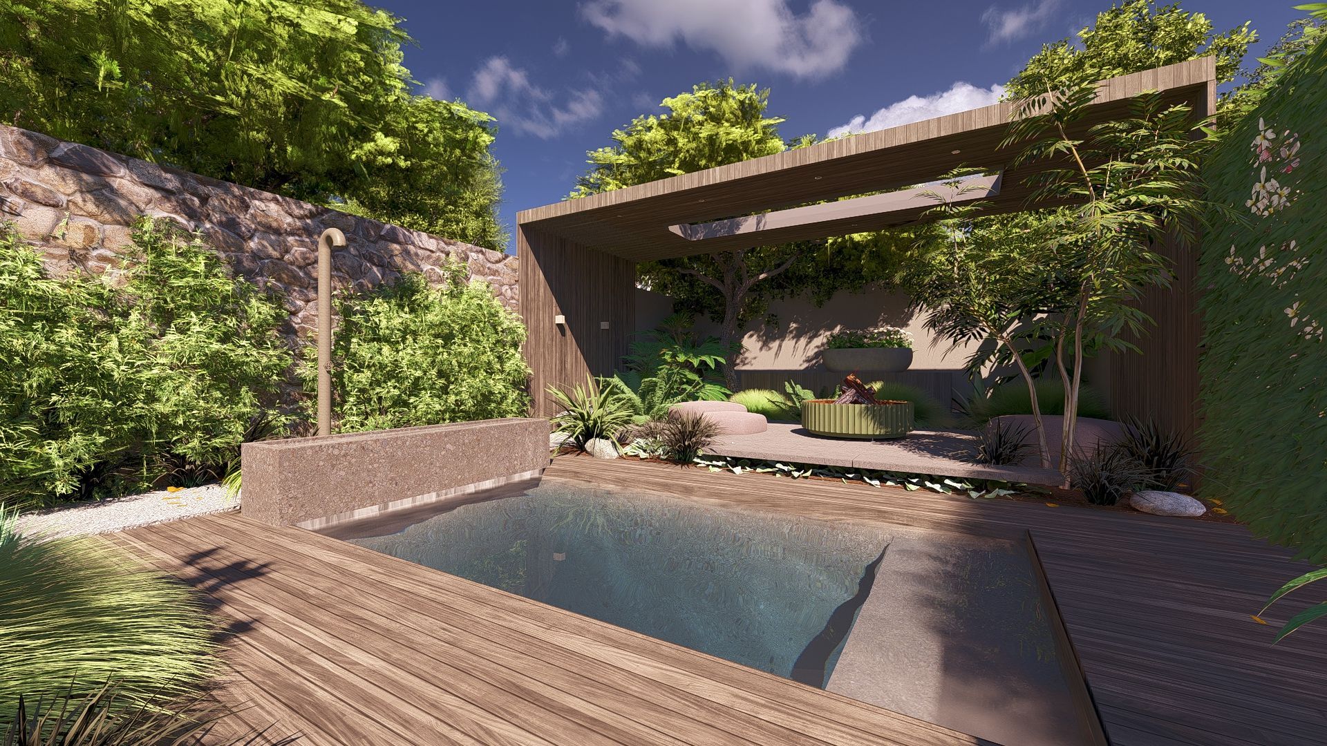 plungepool met houten rand en waterval en een buitendouche voor een overkapping met glaskoepel