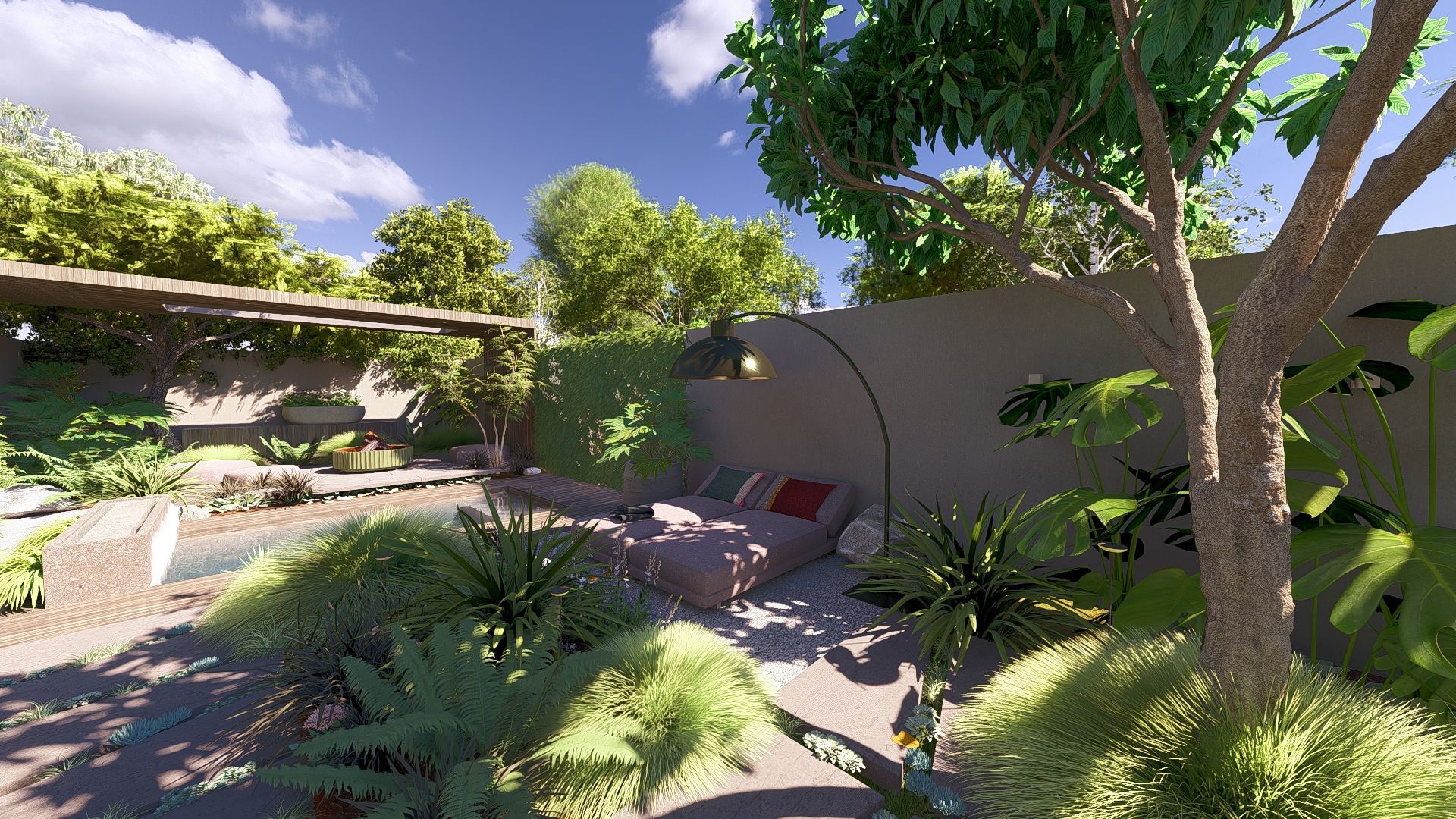 ligbedden onder een heatsail op grind tussen de beplanting. Een betonlook muur als schutting