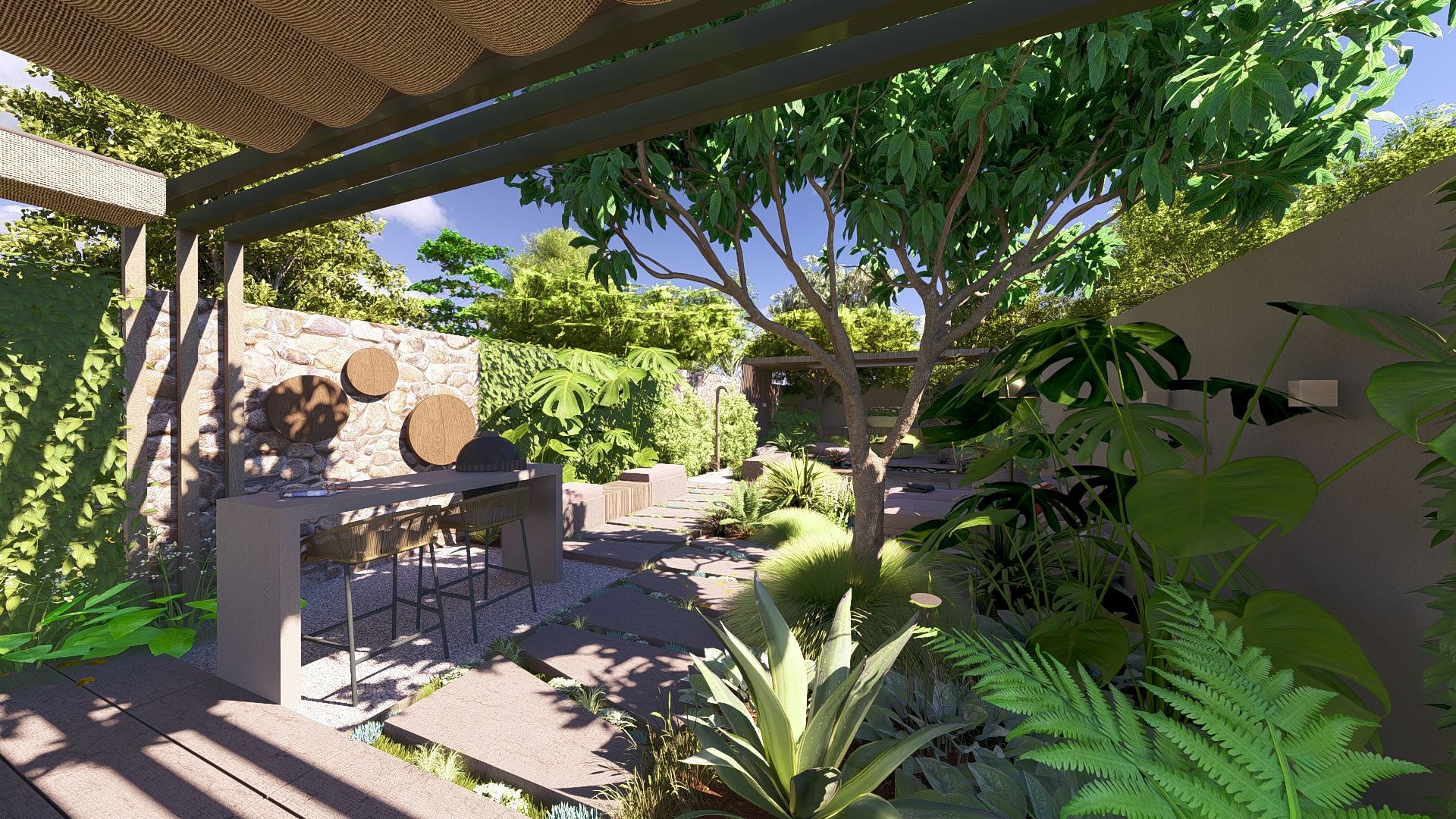 betonlook muur in de tuin en een pad van betontegels naast beplanting