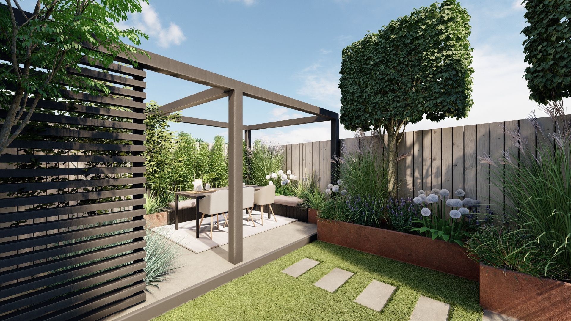 Een impressie van een tuin met een pergola en een terras.