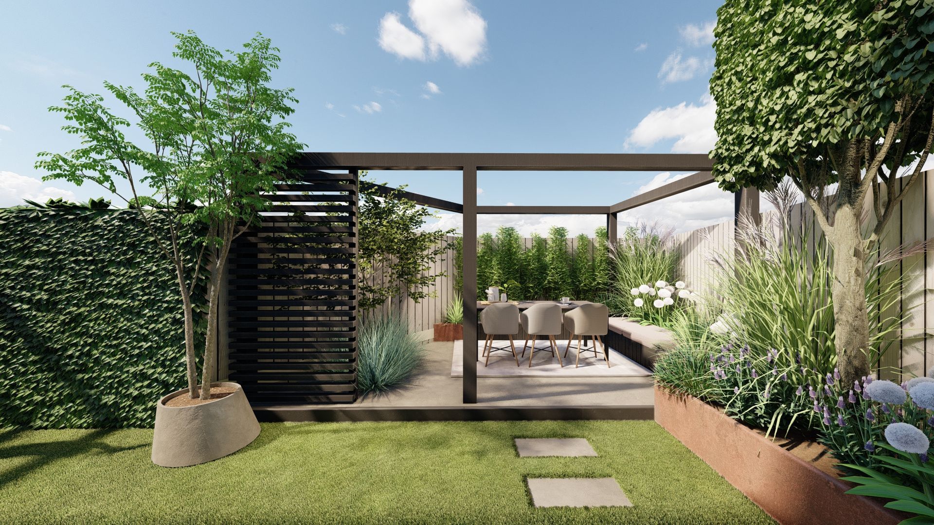 Een impressie van een tuin met een pergola en een eethoek.