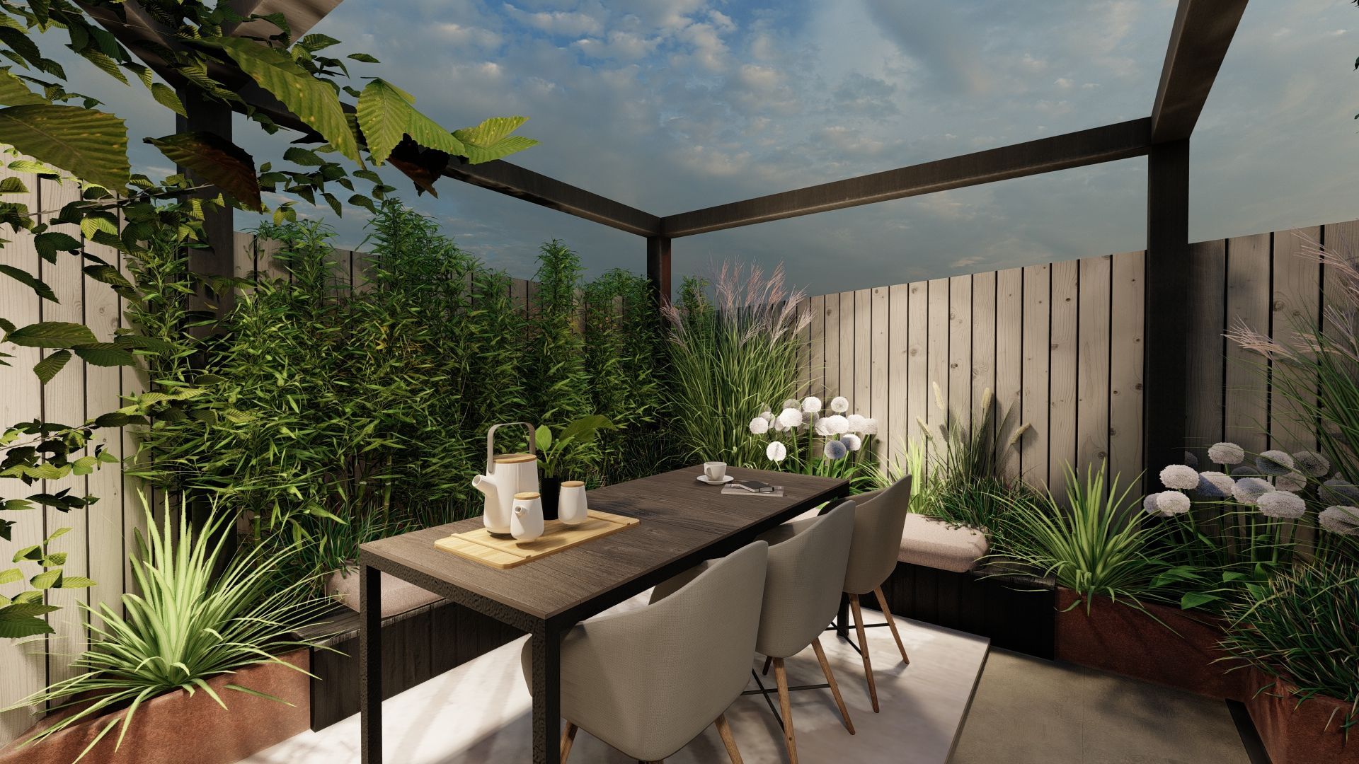 Er staat een tafel met stoelen in het midden van de tuin.