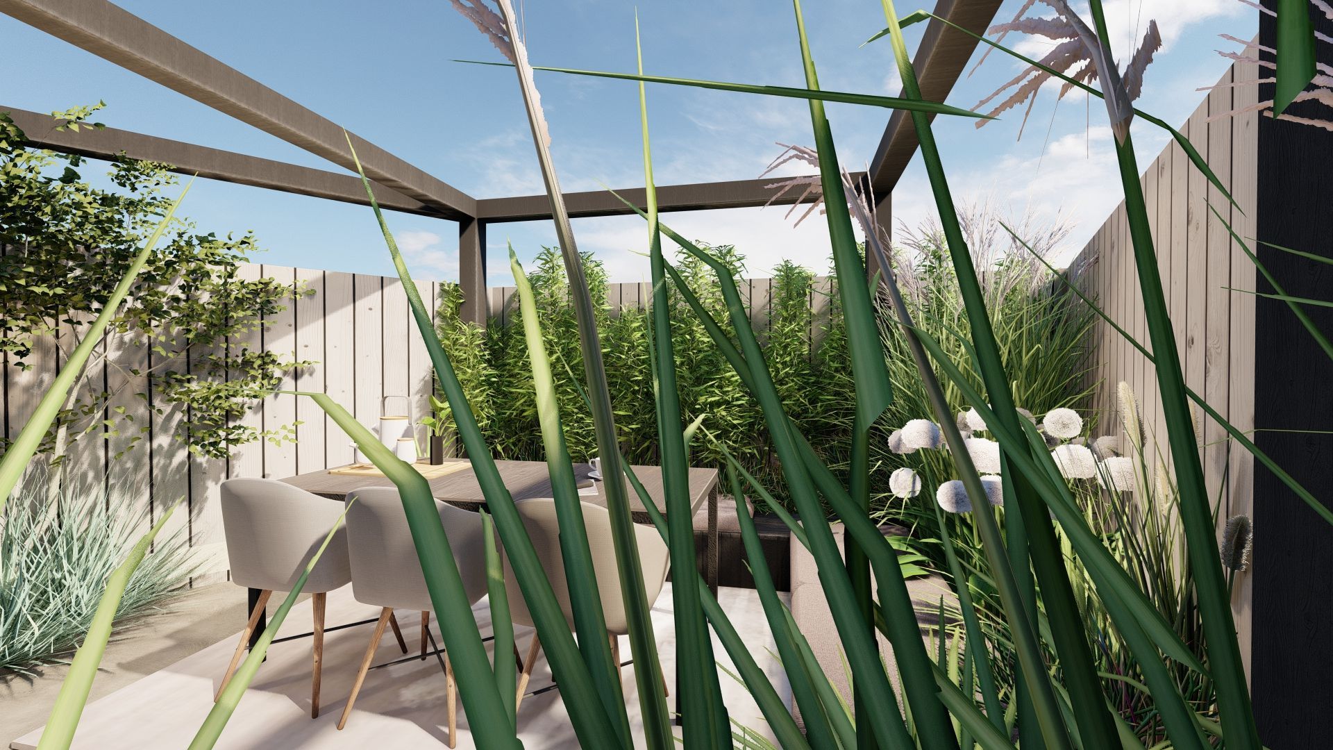 Een weergave van een terras met een tafel, stoelen en een pergola.