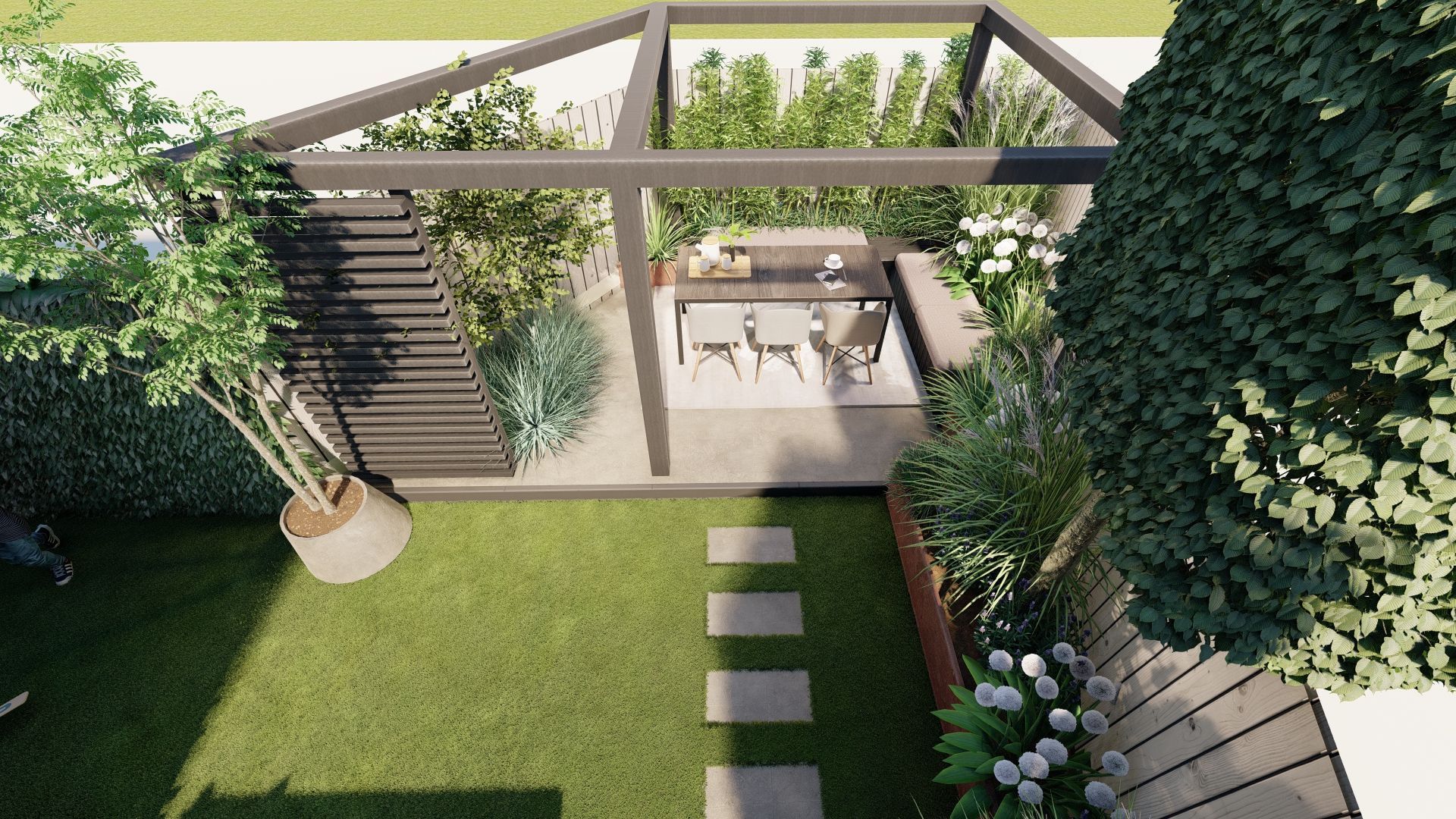 Een luchtfoto van een tuin met een pergola en een tafel met stoelen.