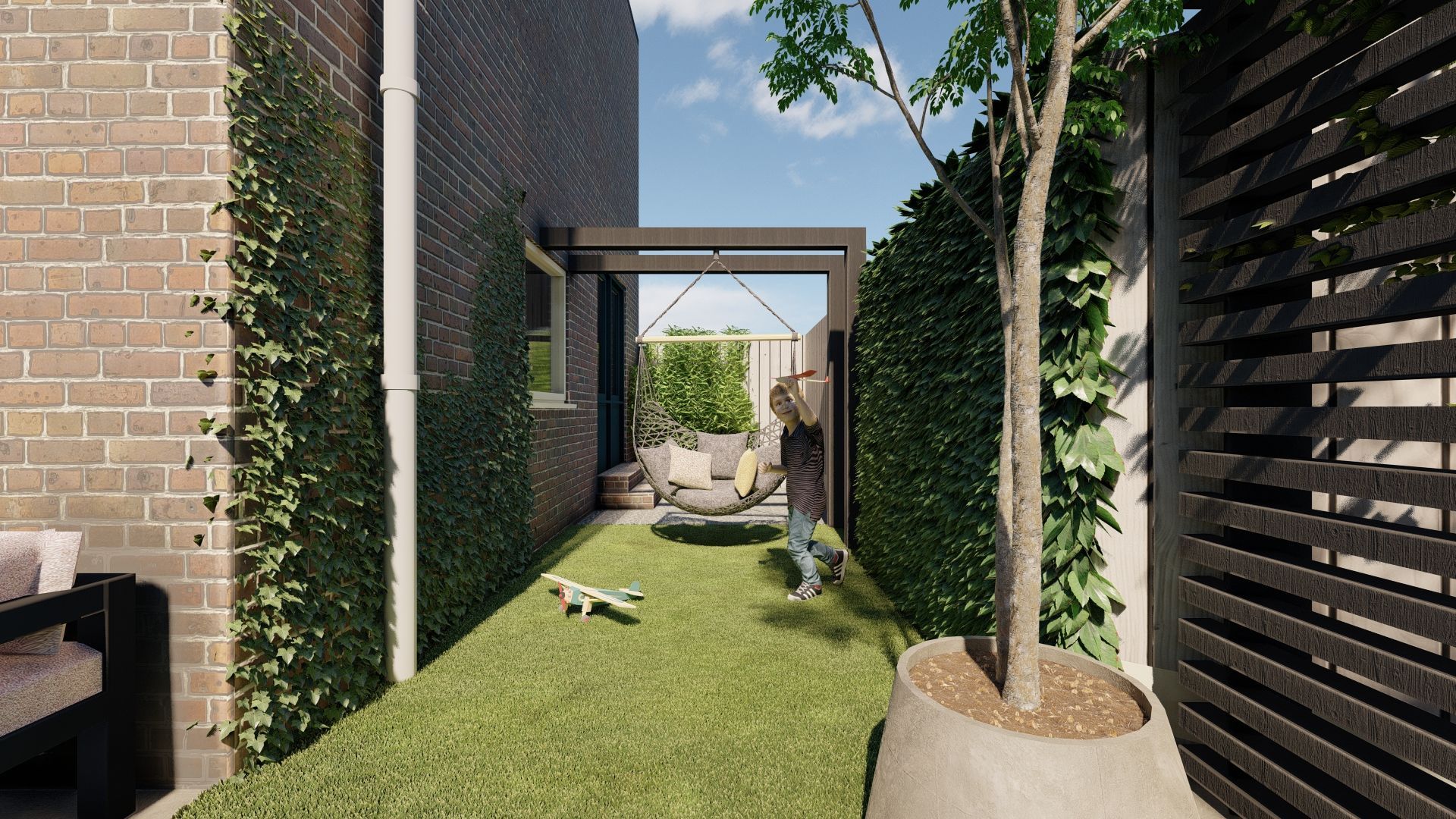 Een impressie van een smalle tuin tussen twee huizen.