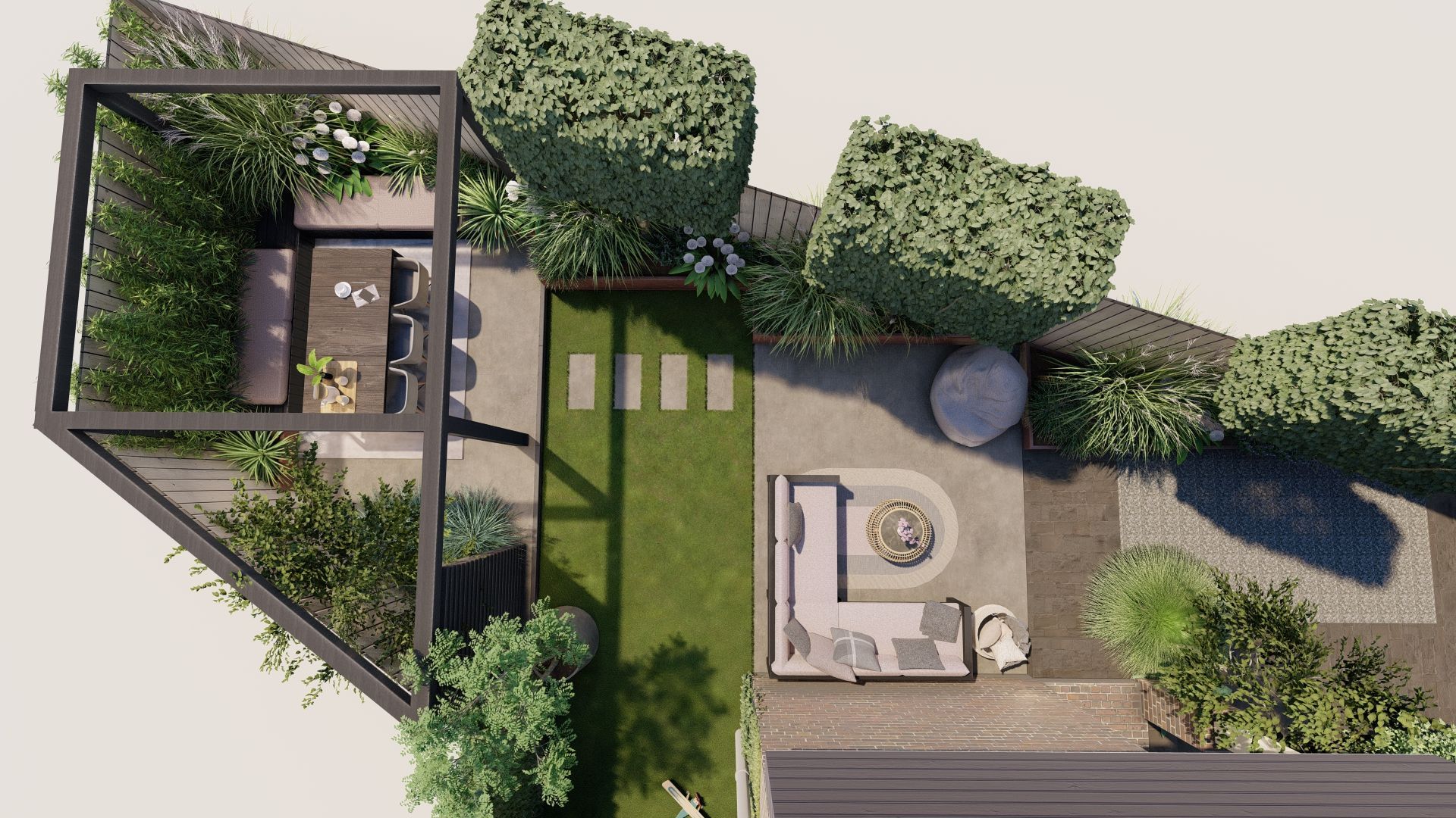 Een luchtfoto van een tuin met een pergola en een terras.